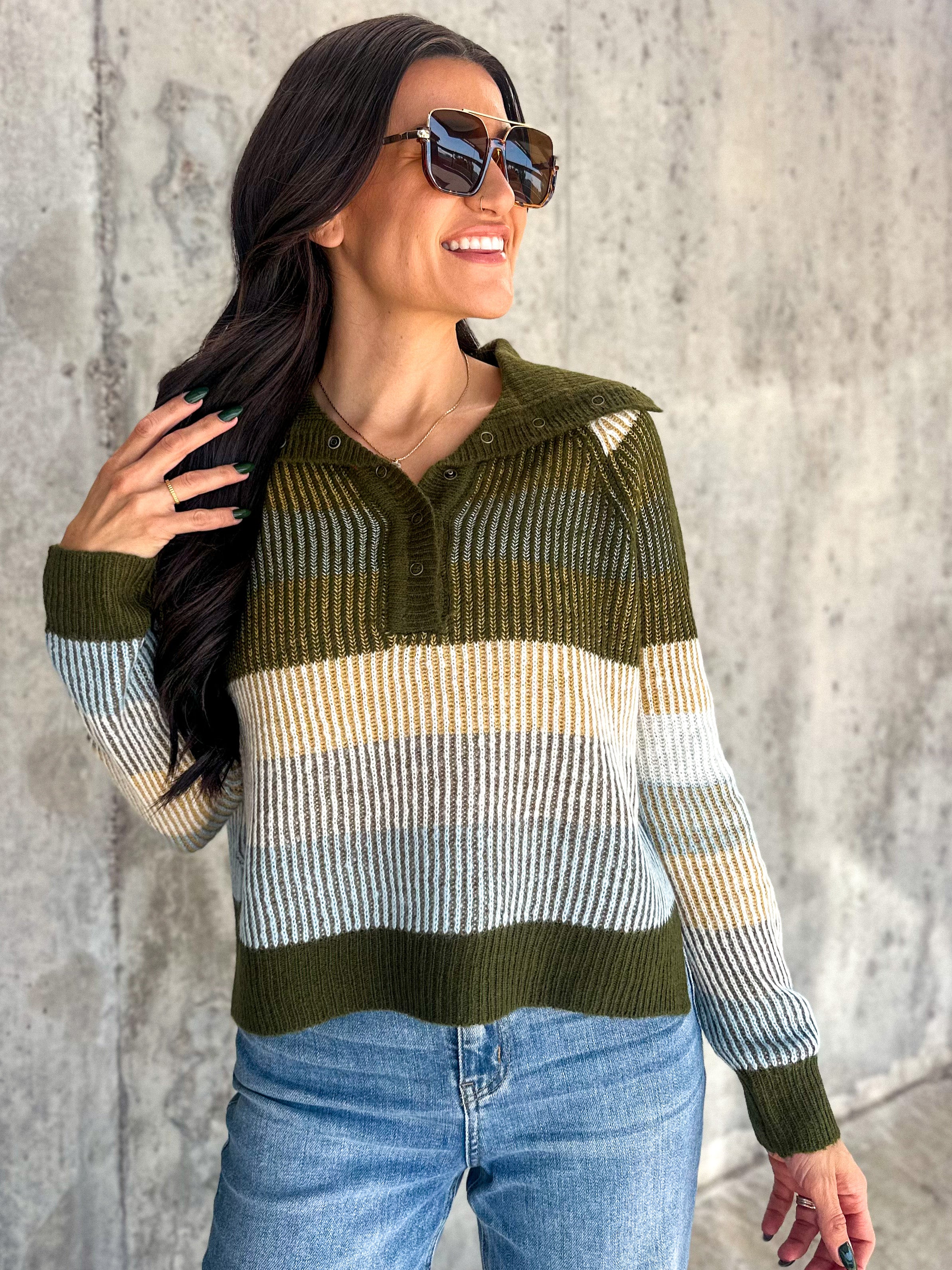 women's soft olive green neutral striped snap button down knit sweater