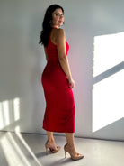 Soft and comfy red ribbed midi dress with slit