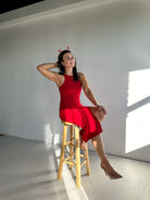 Soft and comfy red ribbed midi dress with slit