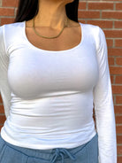 women's double lined white buttery soft comfy basic scoop neck long sleeve top