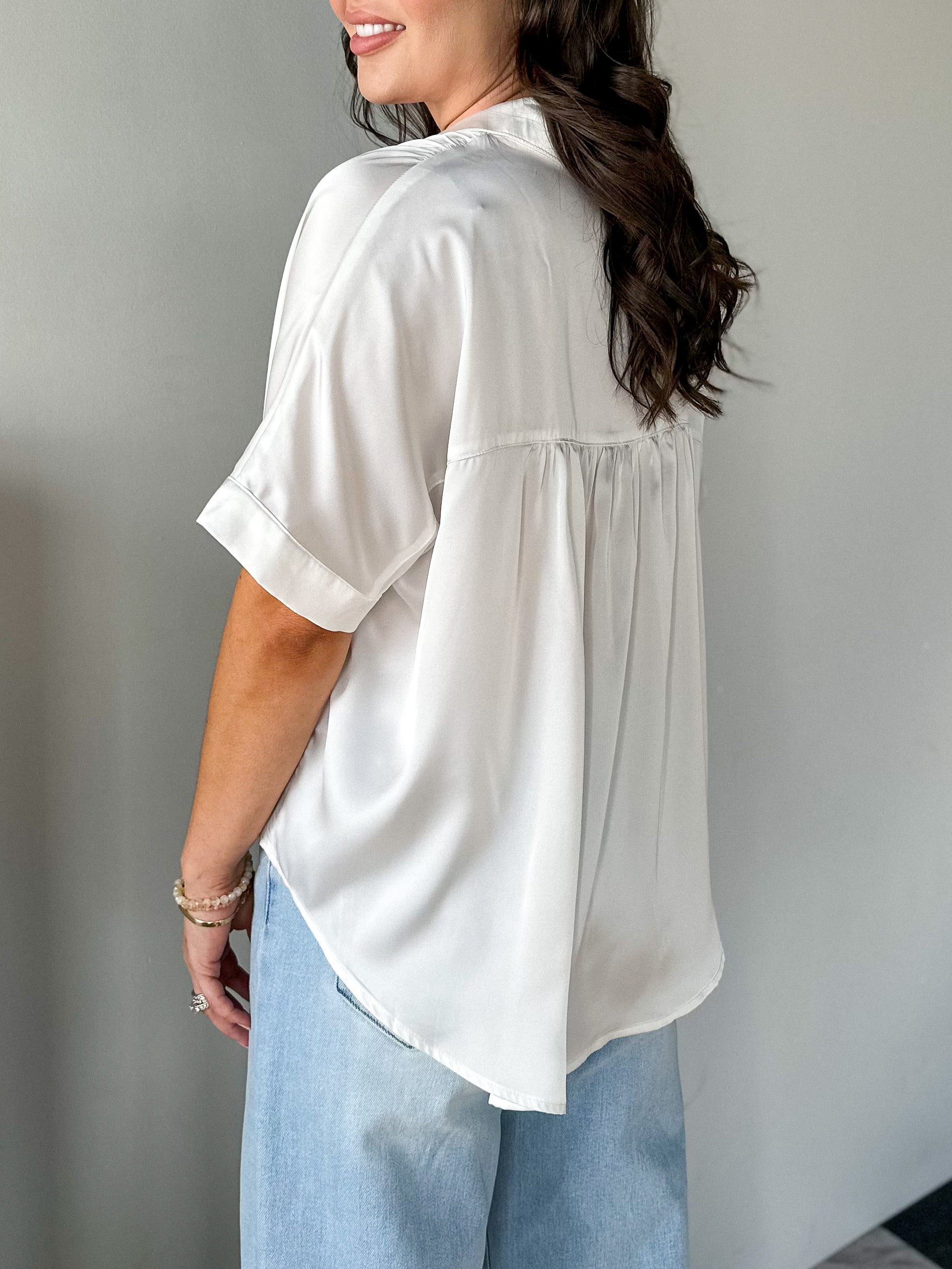 Women's dressy short sleeve button down white satin top