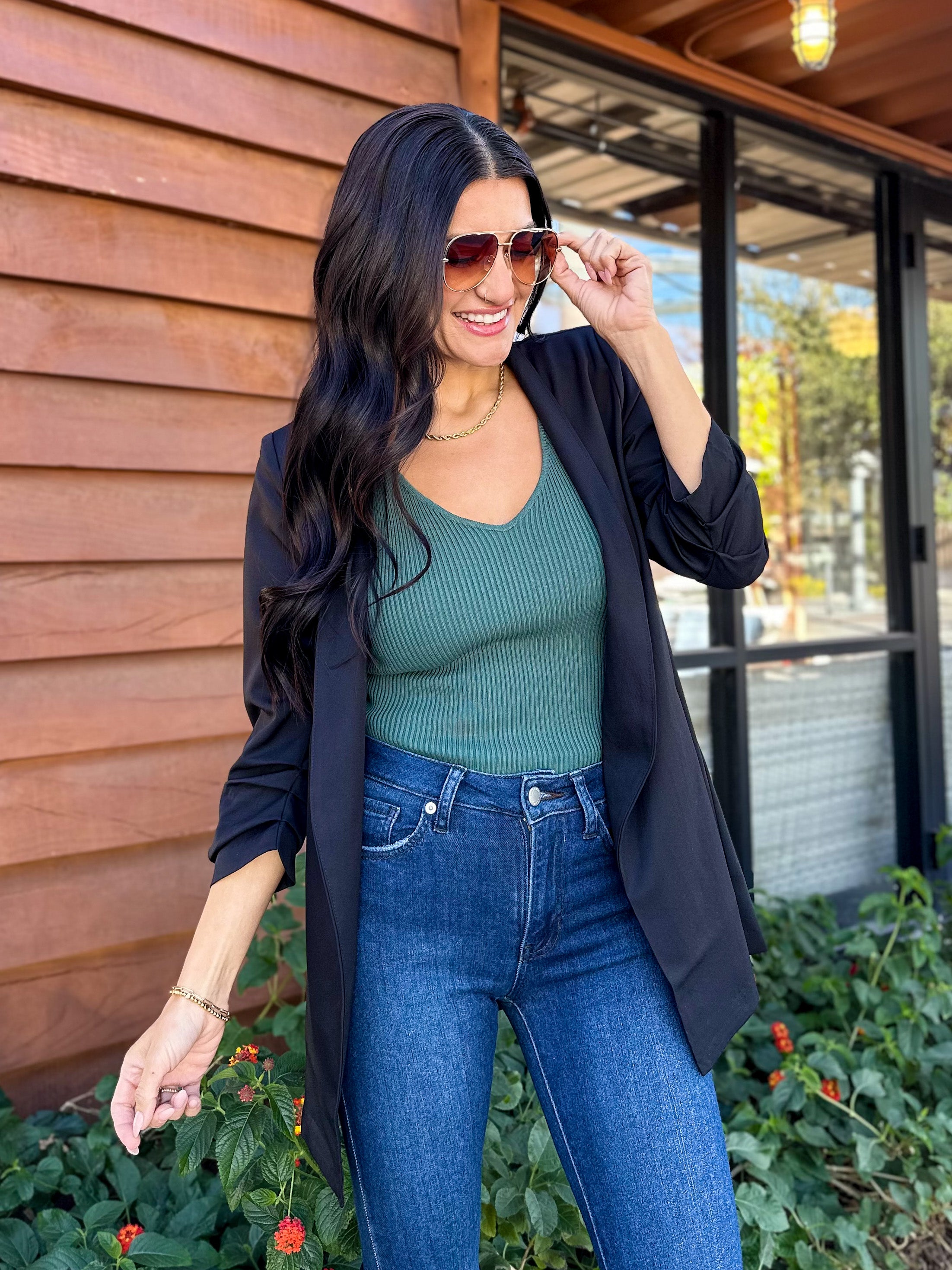 Women's 3/4 ruched sleeve slim fit long black blazer