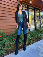 Women's 3/4 ruched sleeve slim fit long black blazer