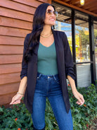 Women's 3/4 ruched sleeve slim fit long black blazer