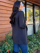 Women's 3/4 ruched sleeve slim fit long black blazer