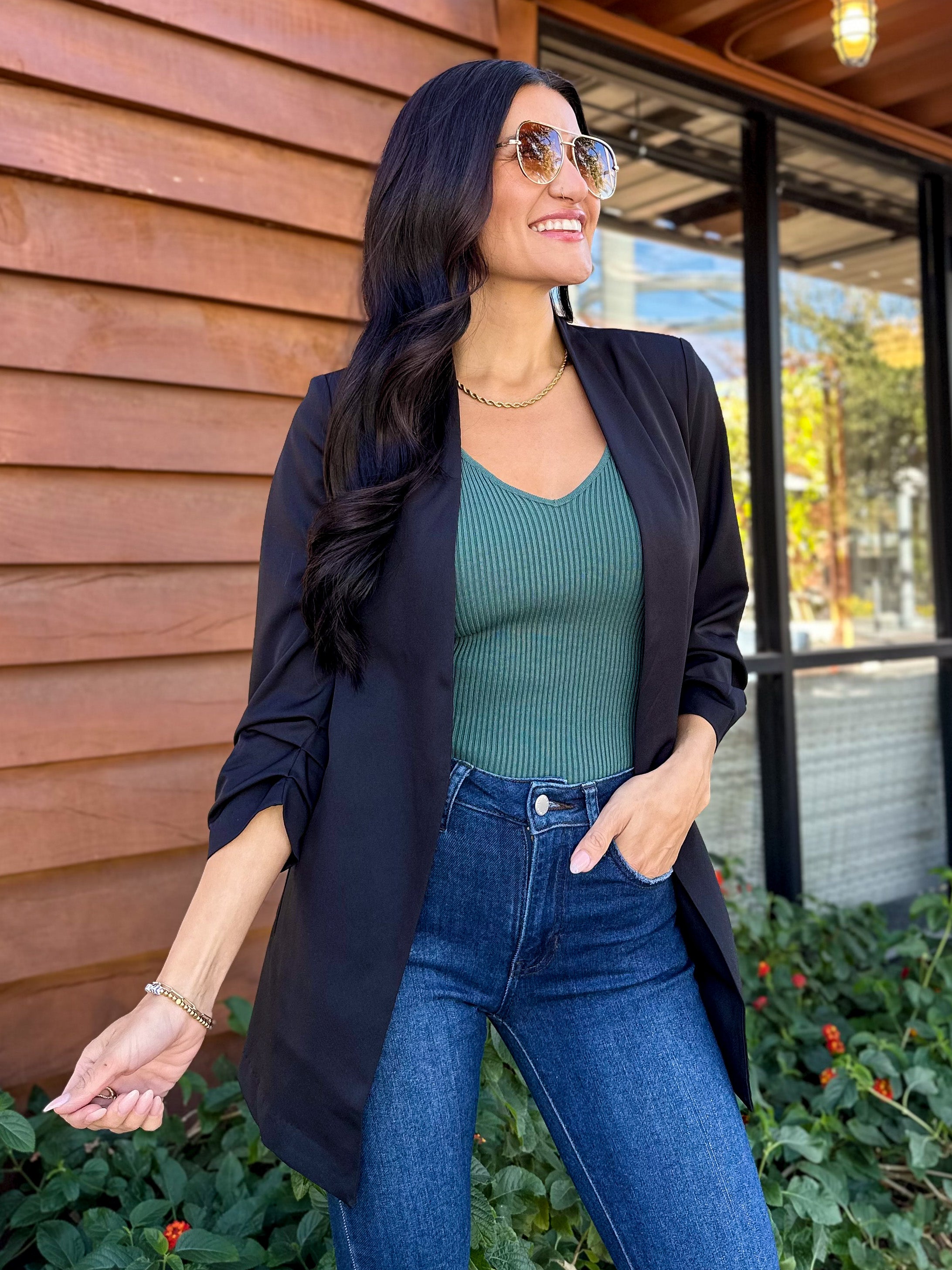 Women's 3/4 ruched sleeve slim fit long black blazer