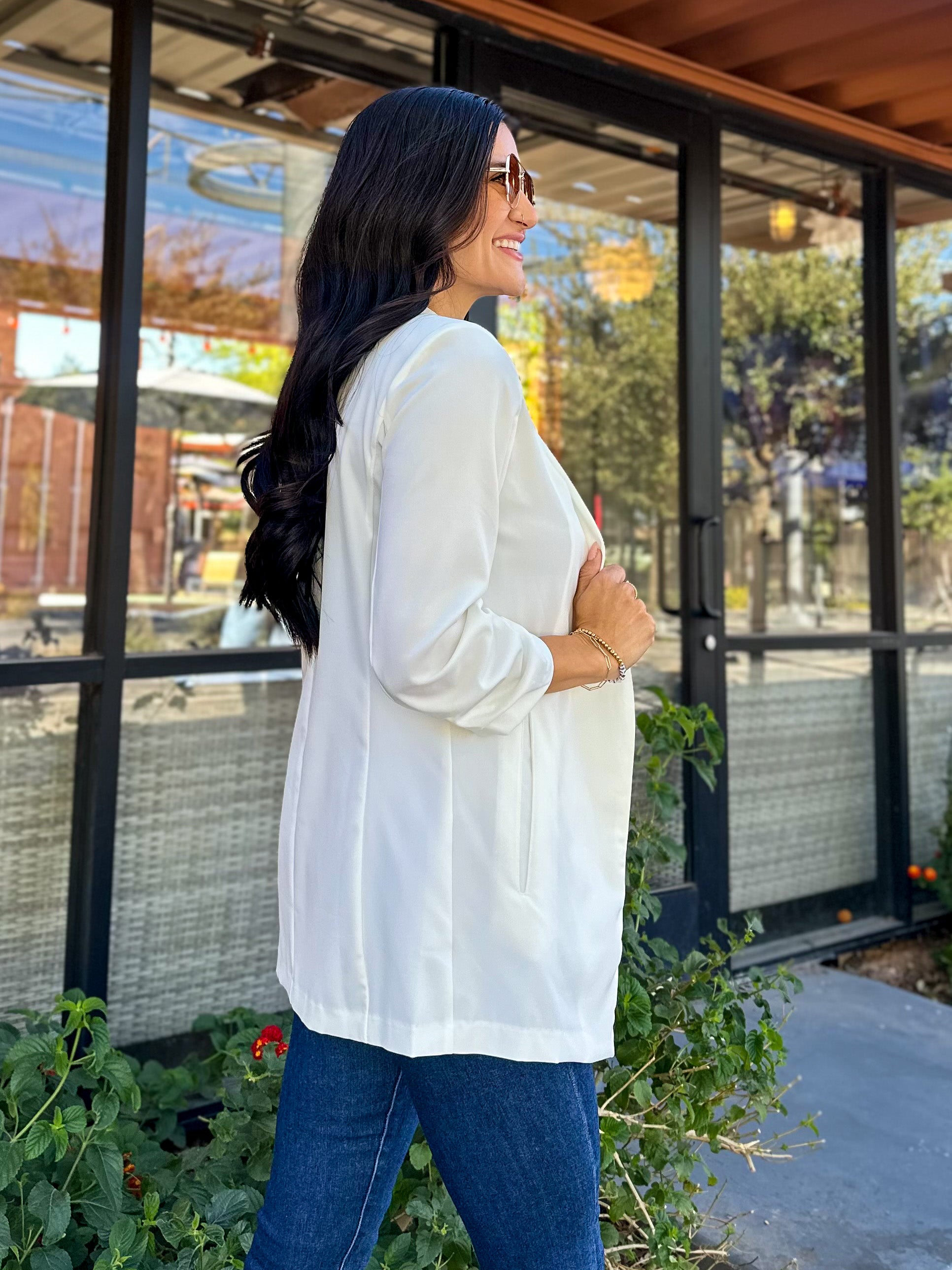 Women's 3/4 ruched sleeve slim fit long white blazer