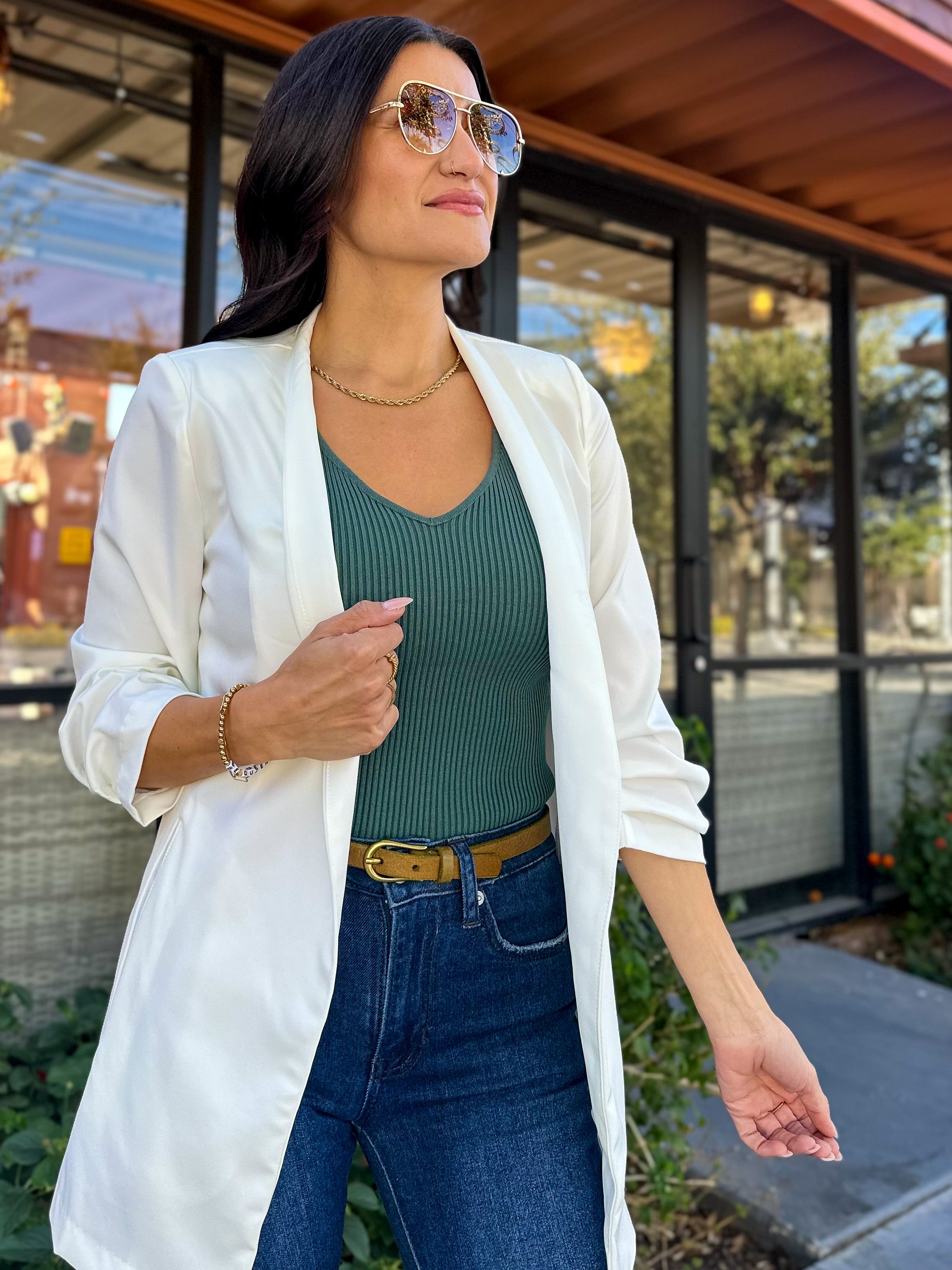 Women's 3/4 ruched sleeve slim fit long white blazer