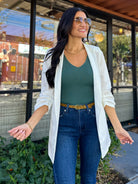 Women's 3/4 ruched sleeve slim fit long white blazer
