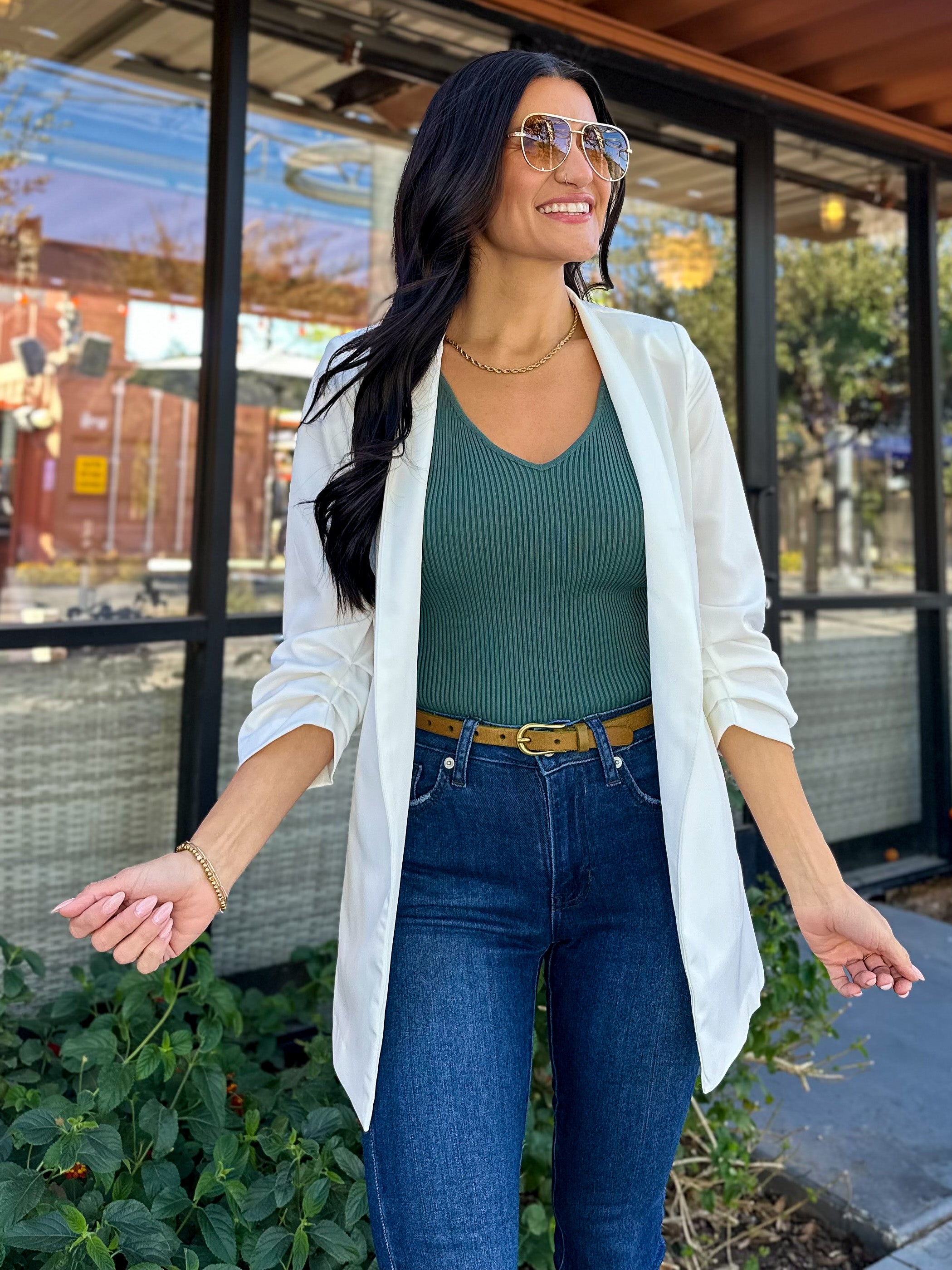 Women's 3/4 ruched sleeve slim fit long white blazer