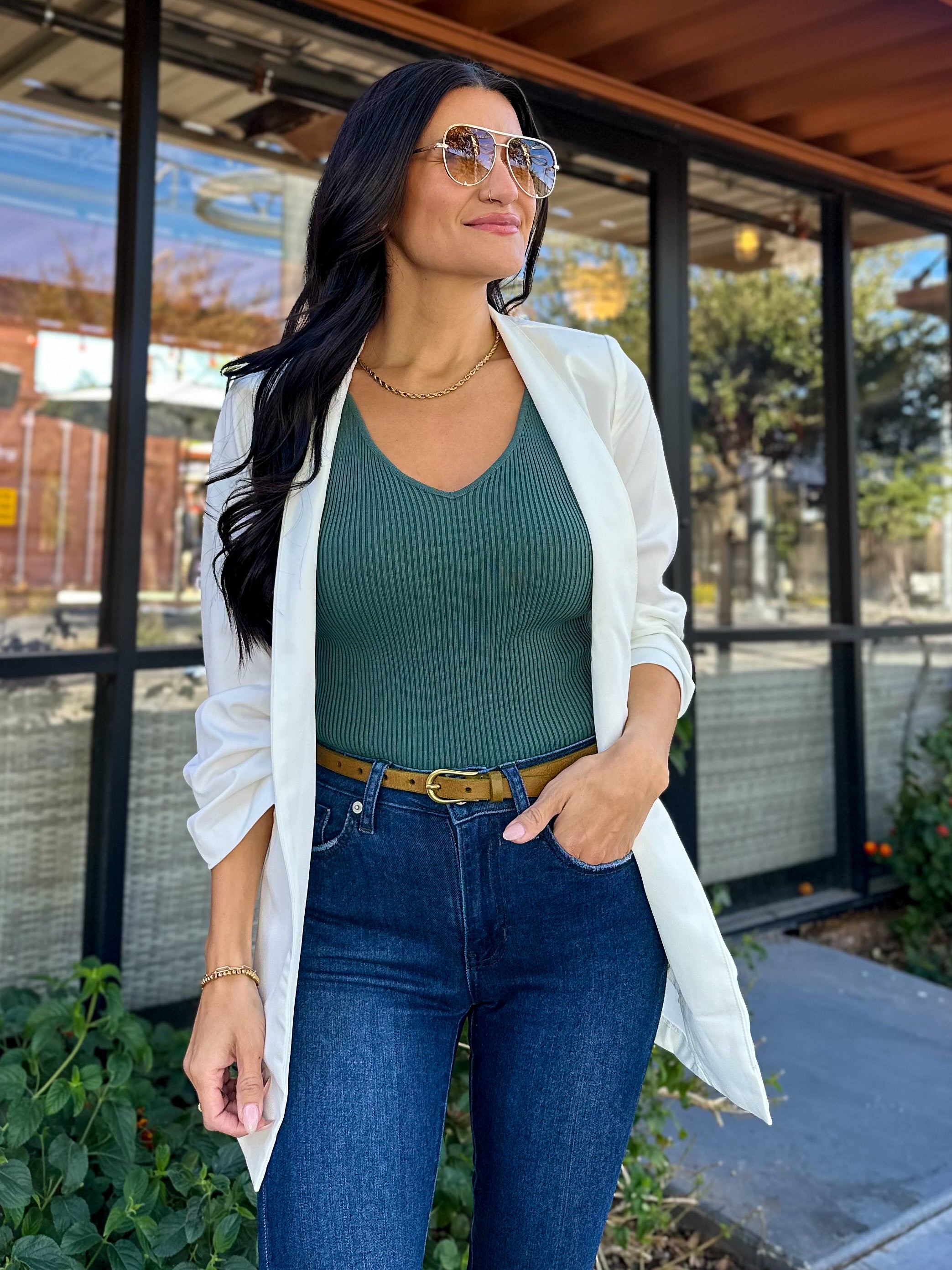 Women's 3/4 ruched sleeve slim fit long white blazer