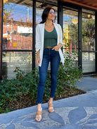 Women's 3/4 ruched sleeve slim fit long white blazer
