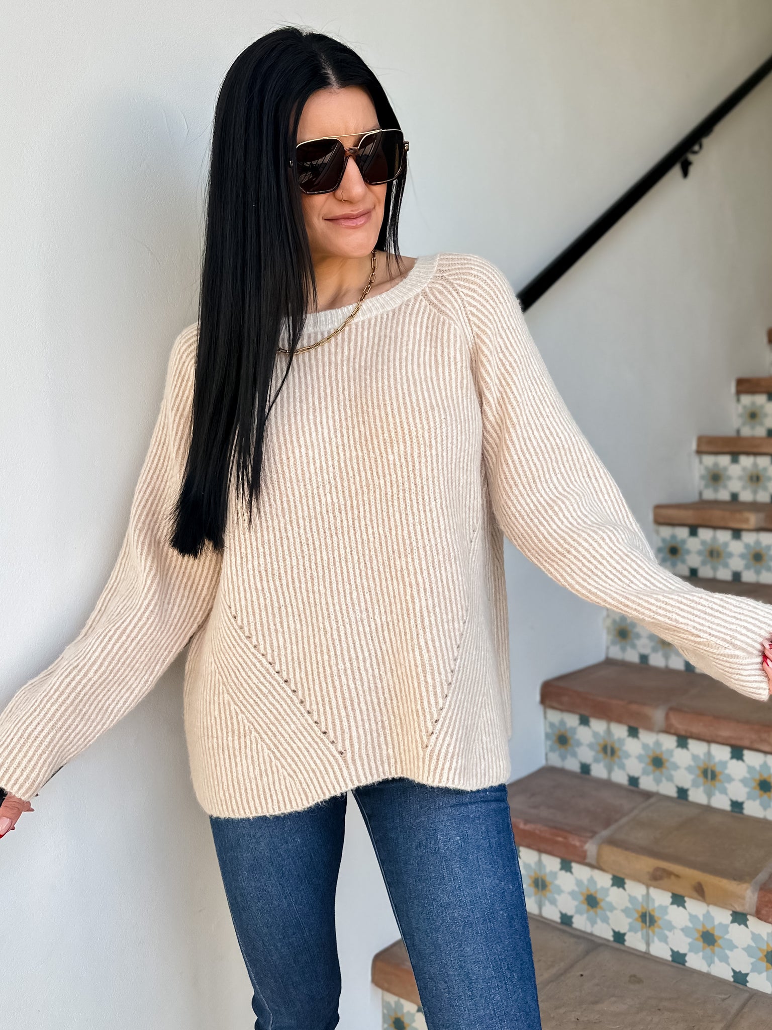 Two Tone Ribbed Knit Sweater