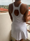 comfortable buttery soft white active romper dress with built in shorts
