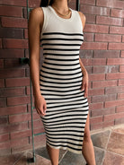 ribbed knit stripe midi dress with slit
