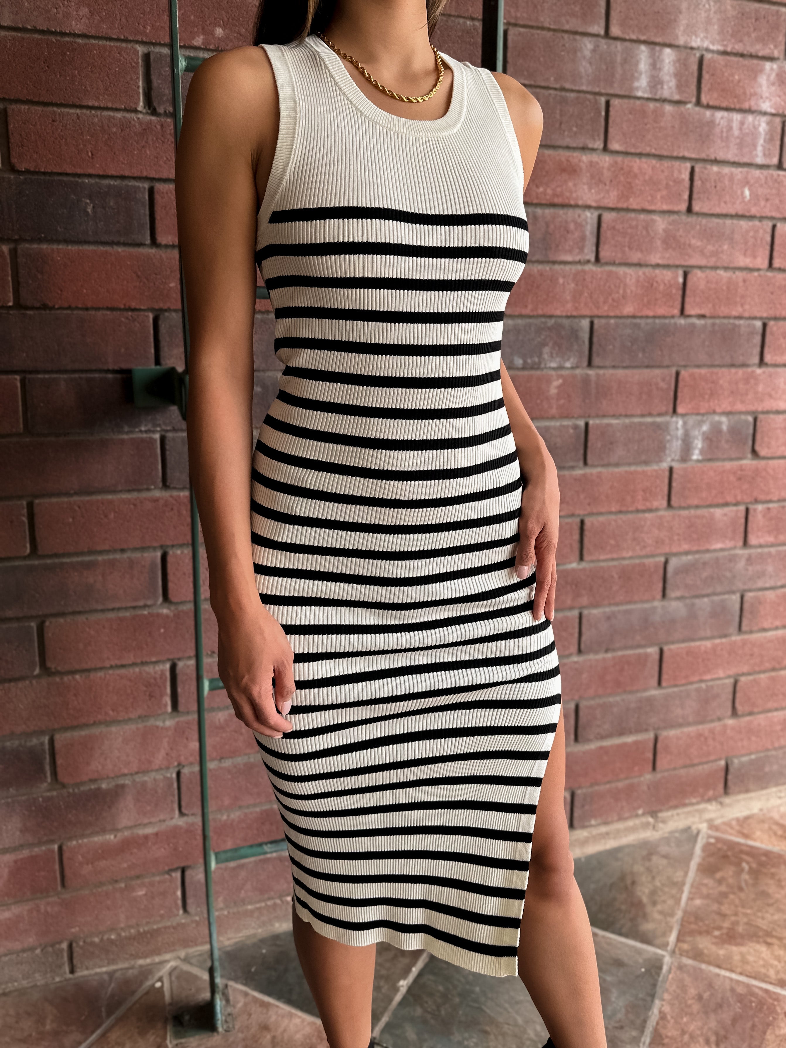 ribbed knit stripe midi dress with slit