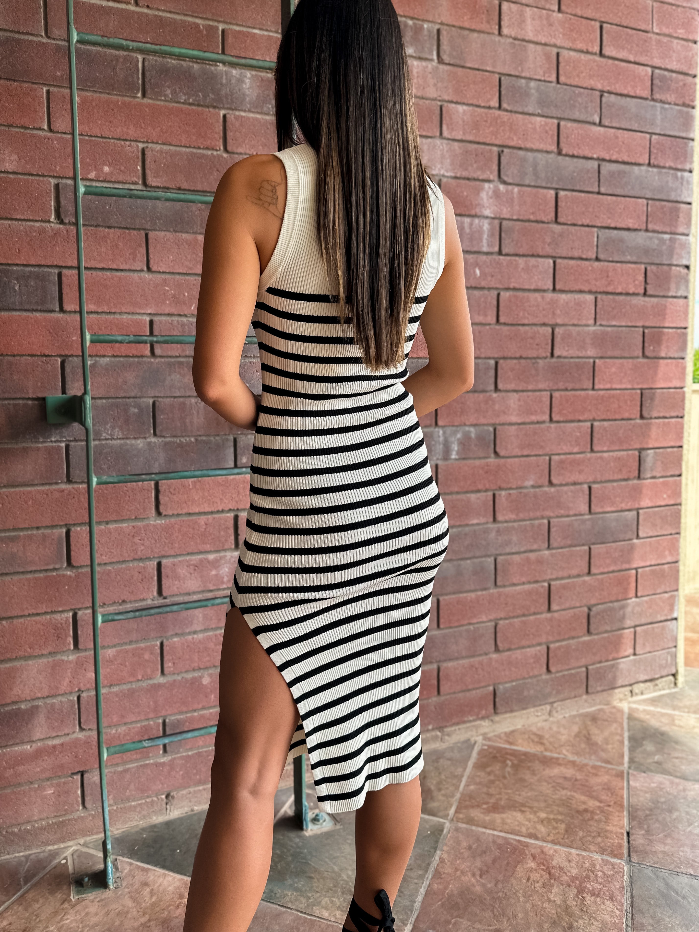 ribbed knit stripe midi dress with slit