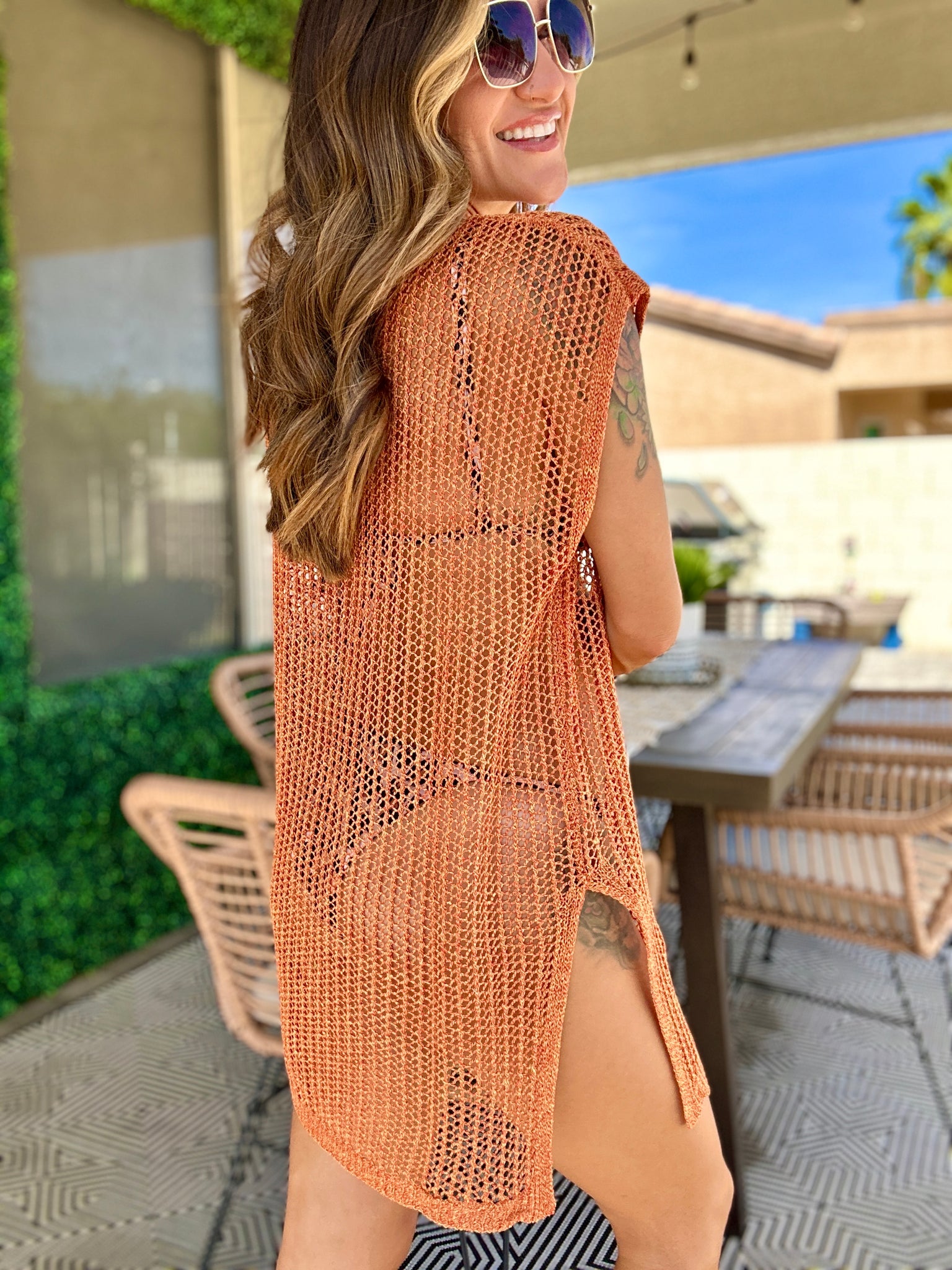 Crochet Net Cover Up Dress - Burnt Orange