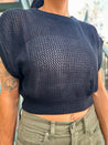 black openwork crochet crop top