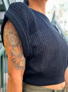 black openwork crochet crop top