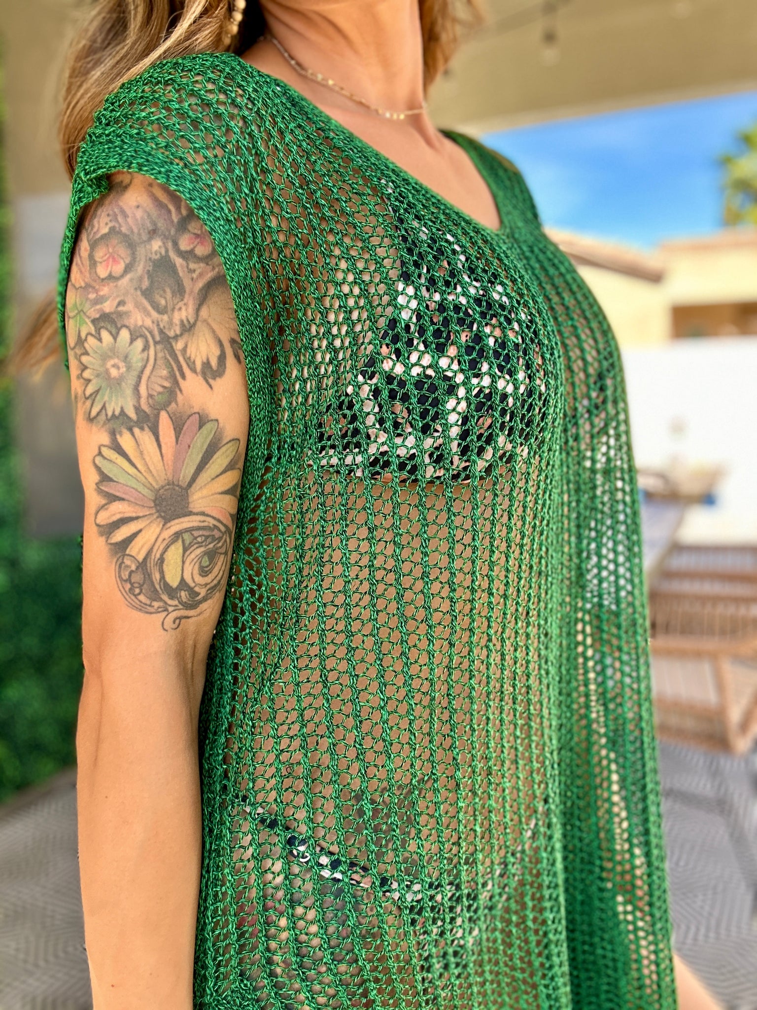 Crochet Net Cover Up Dress - Emerald