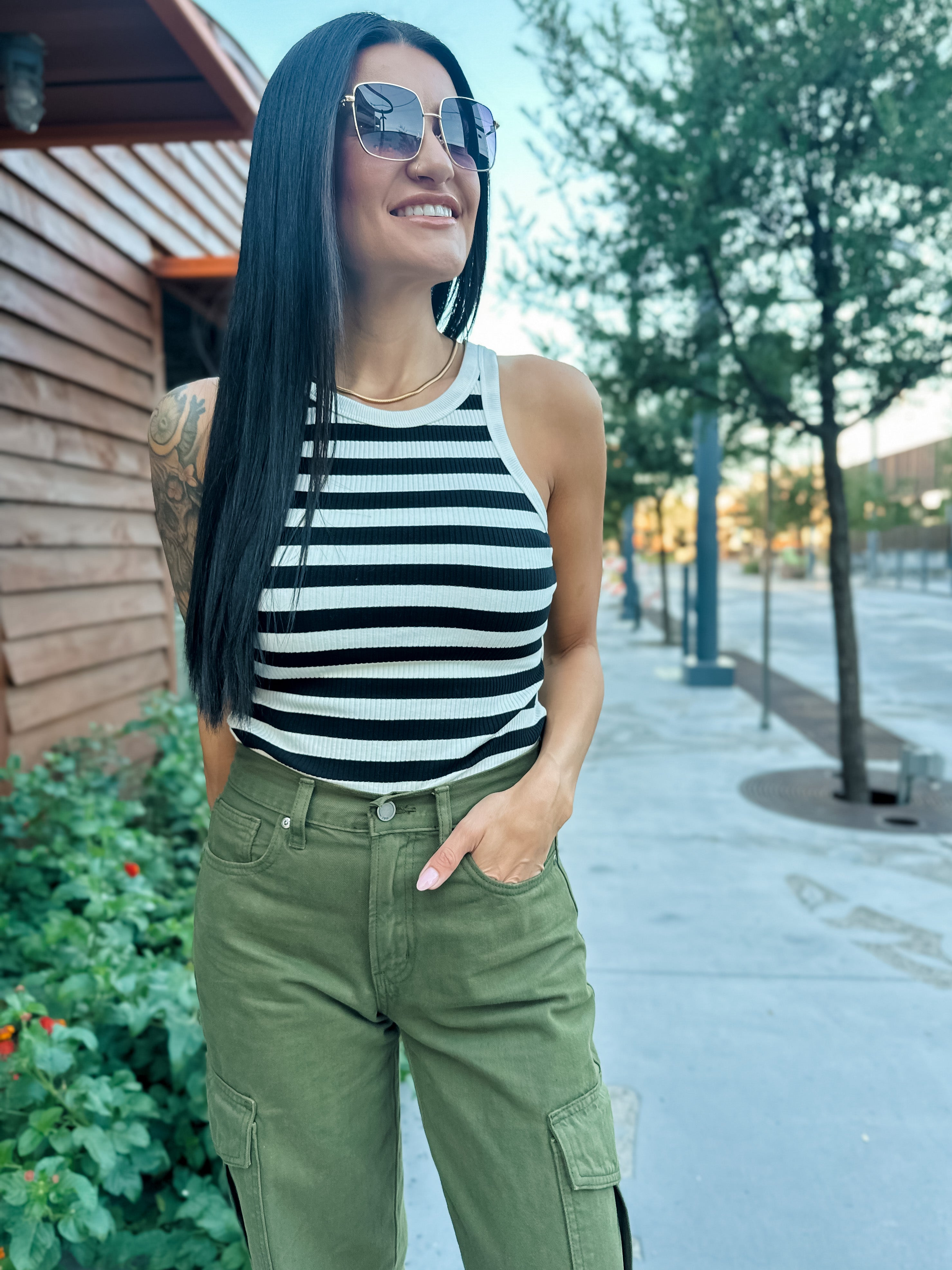 black and white stripe ribbed tank top