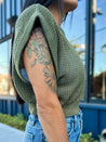 olive green openwork crochet crop top