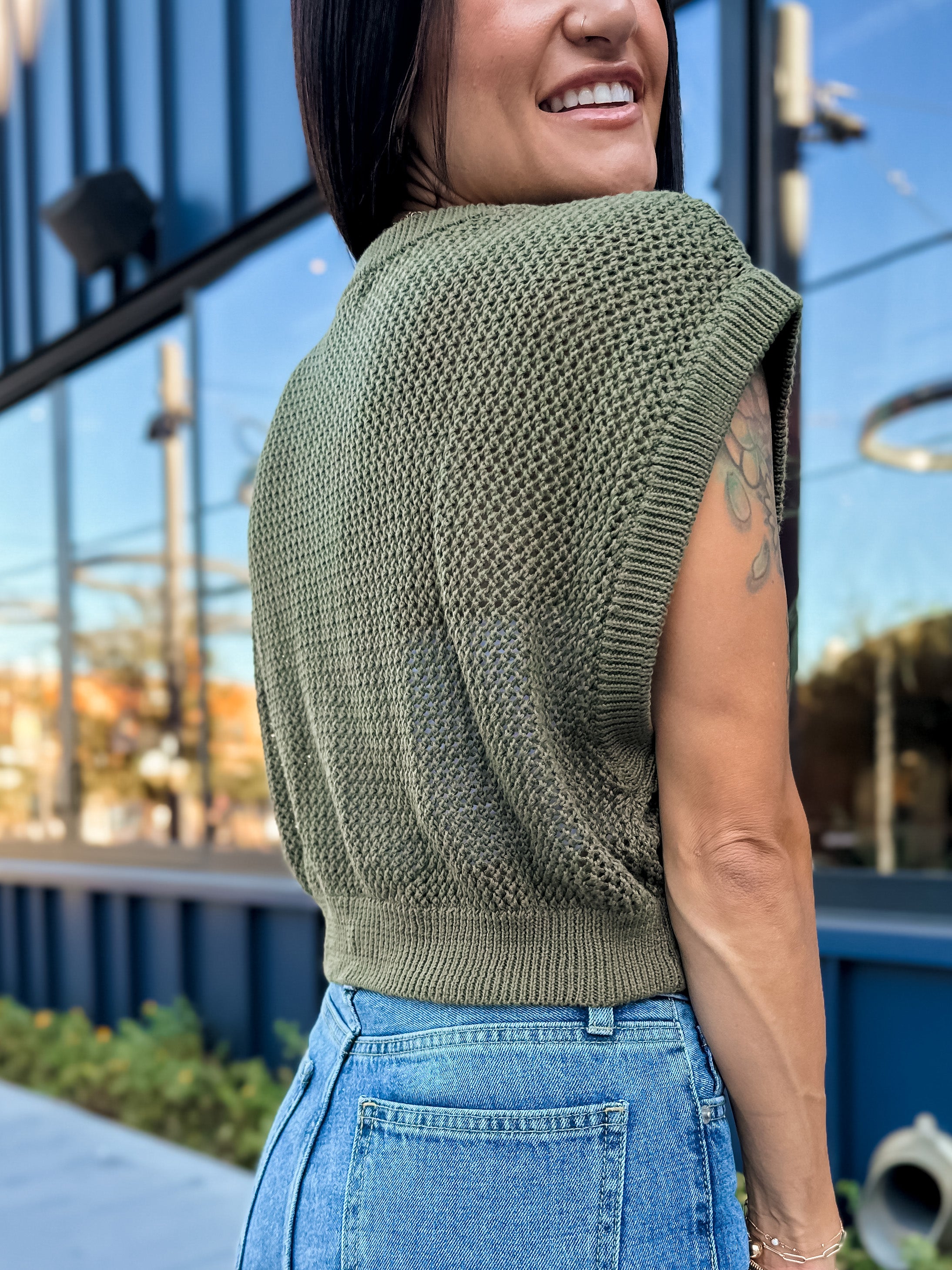 olive green openwork crochet crop top