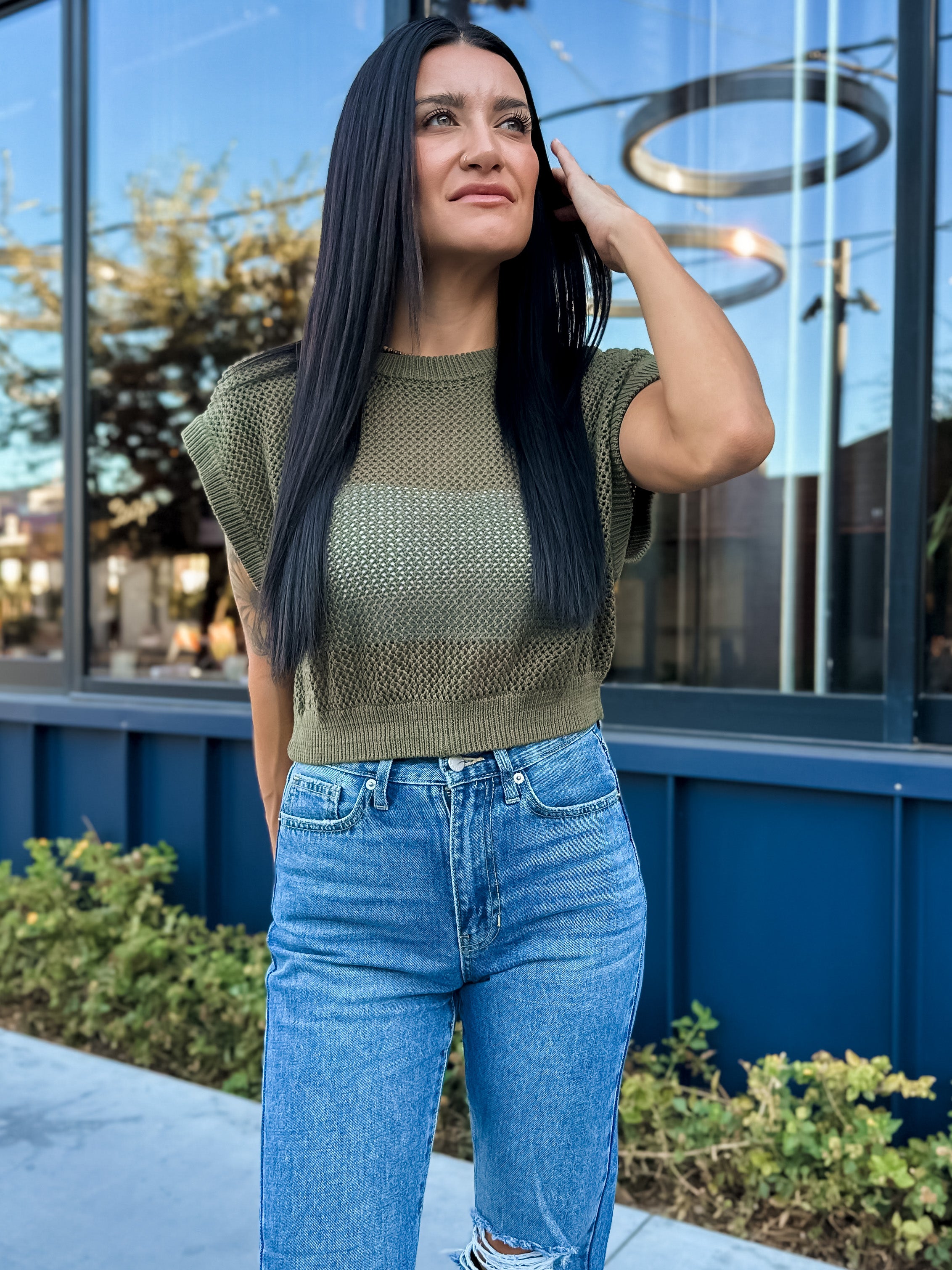 olive green openwork crochet crop top