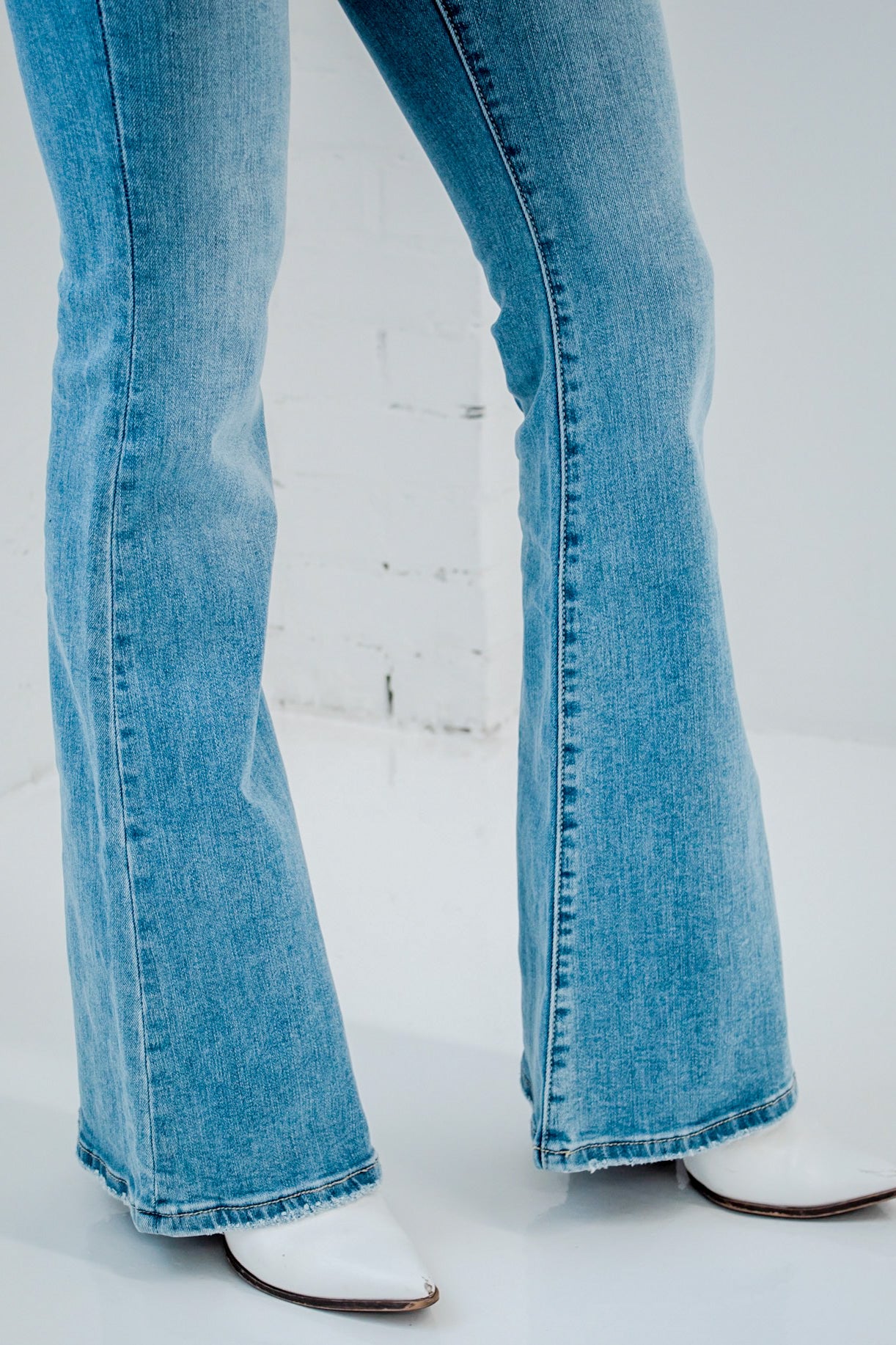 light denim flare jeans with stretch