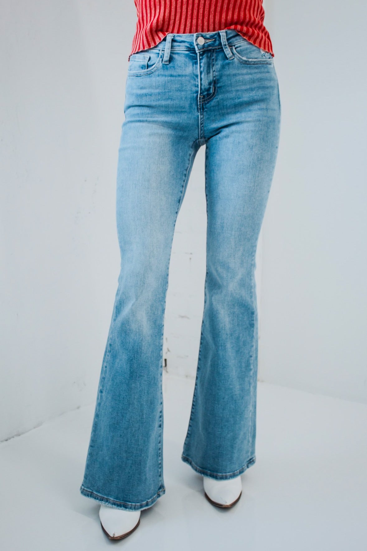 light denim flare jeans with stretch