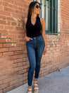 dark wash high rise skinny jeans