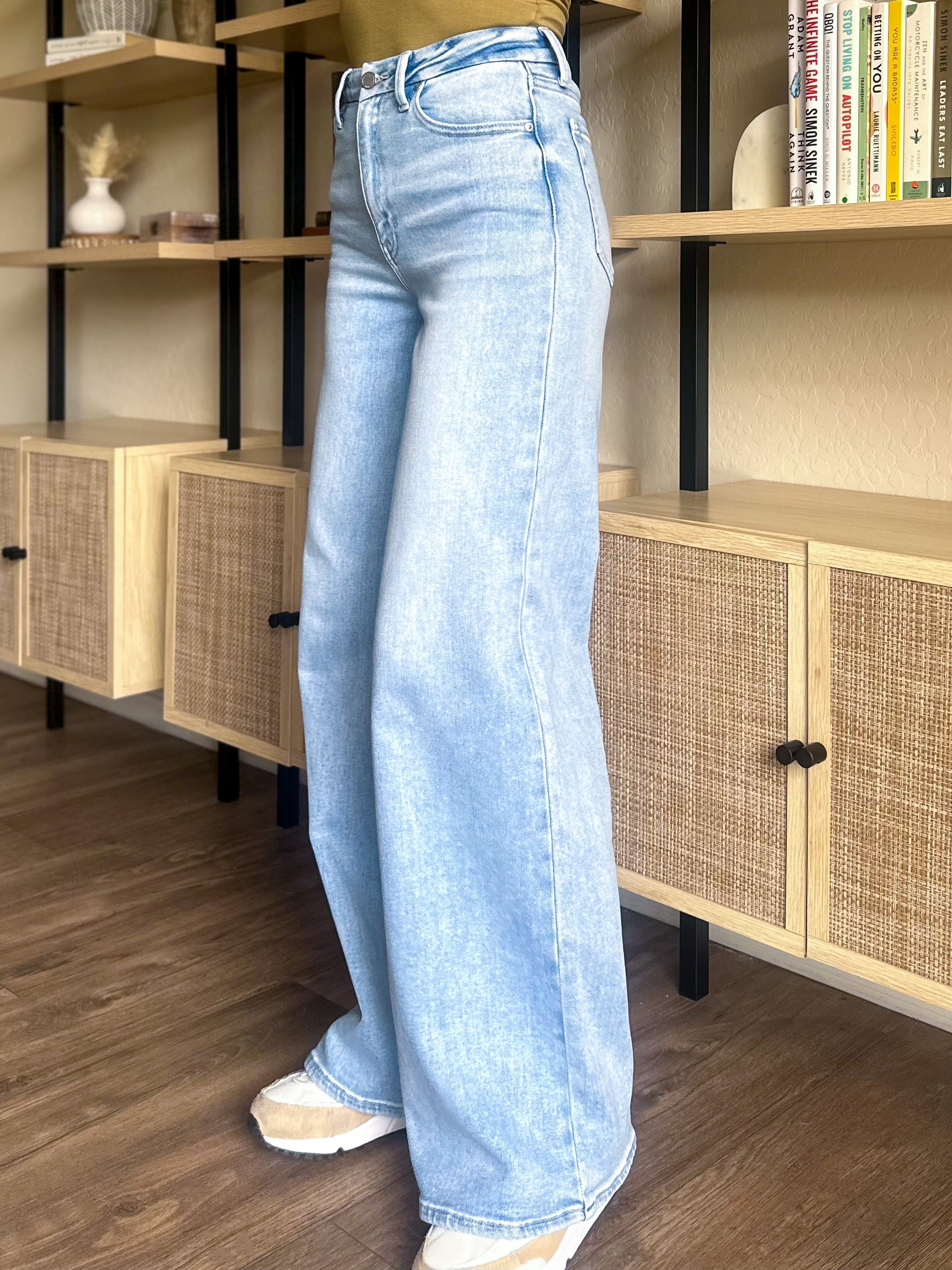 palazzo wide leg light wash denim jeans
