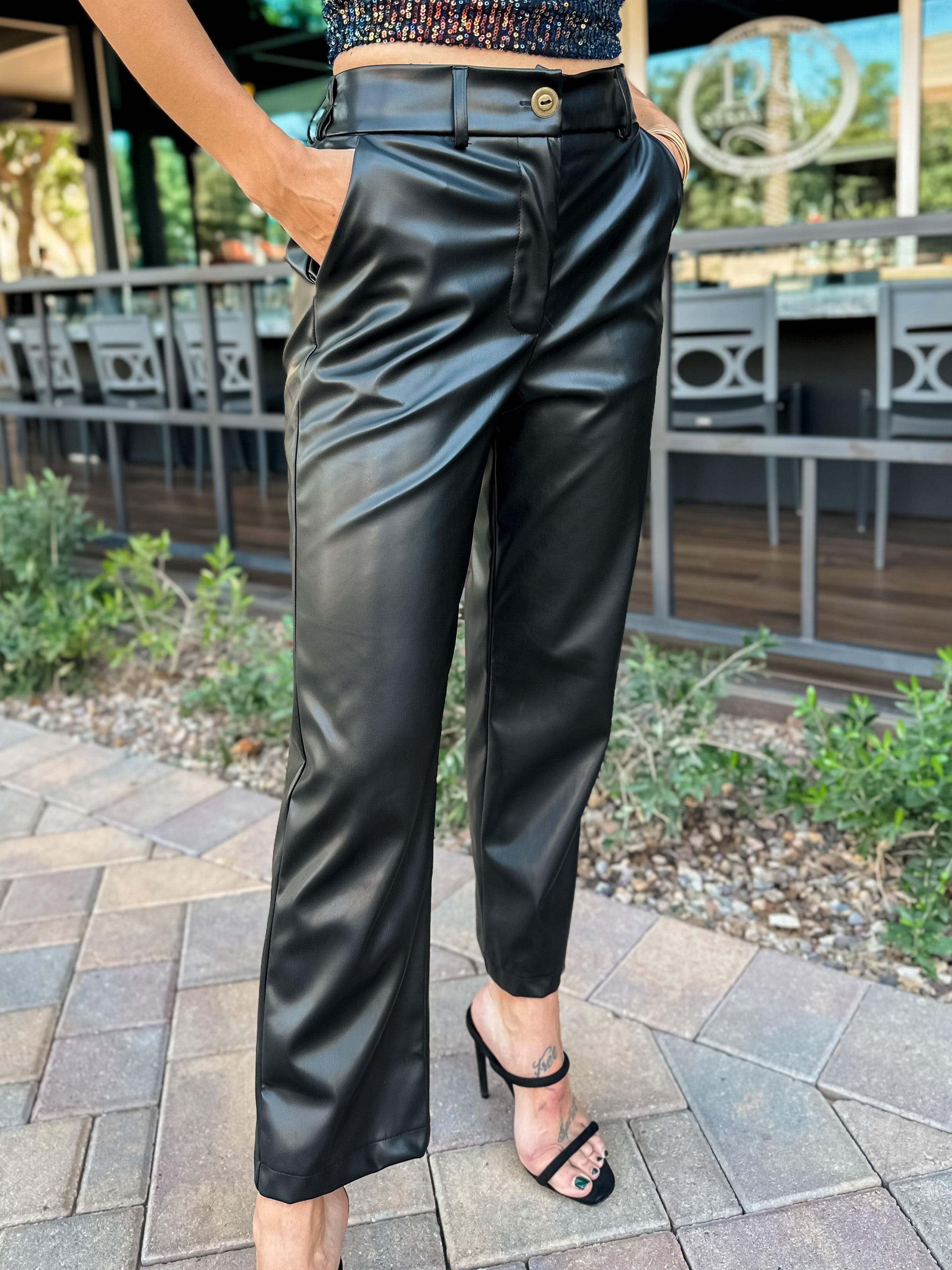 straight leather wide leg crop leather pants
