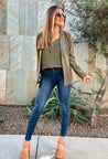 green slim fit blazer and lace camisole set