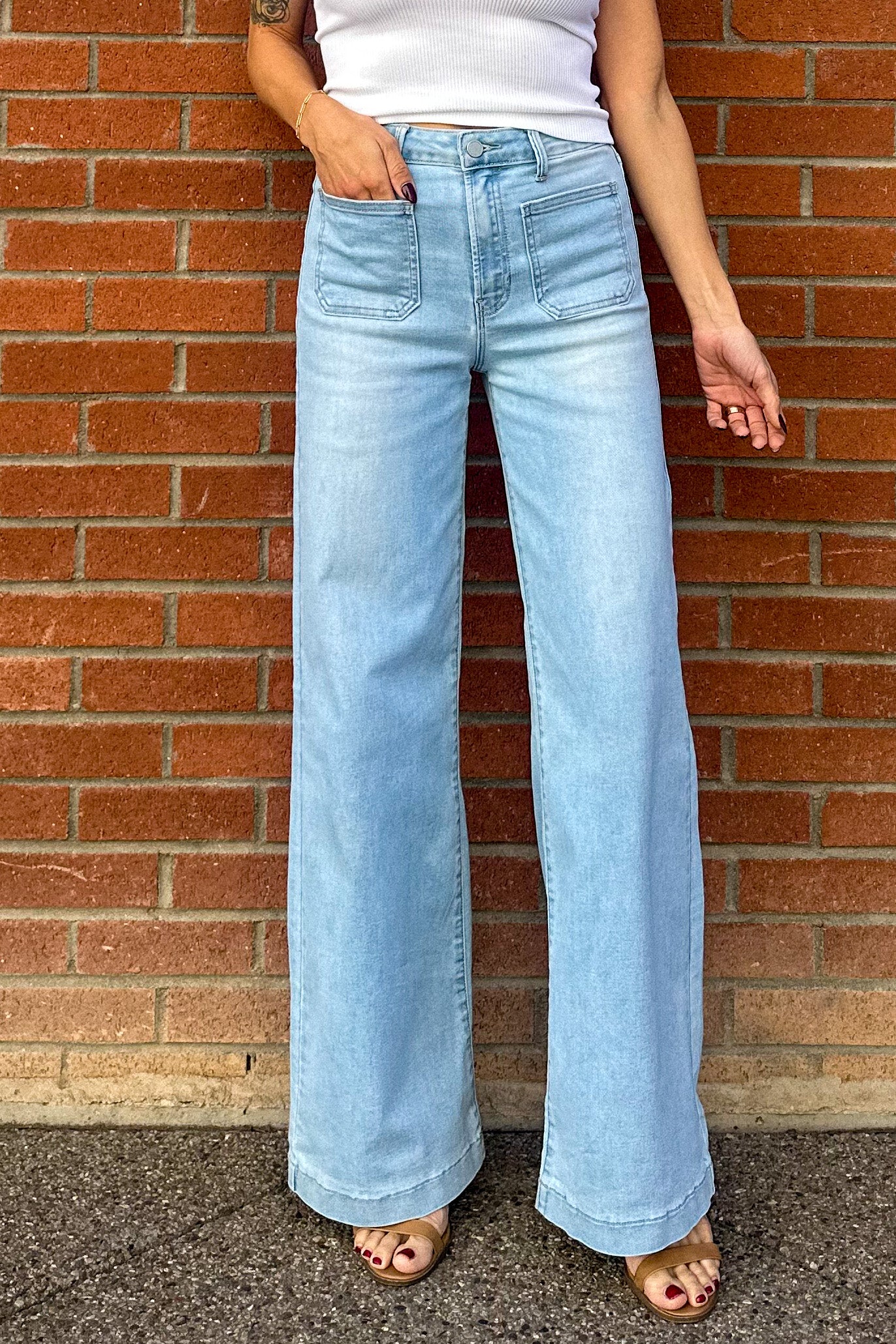 JBD womens just black denim, wide leg front pocket light denim wash