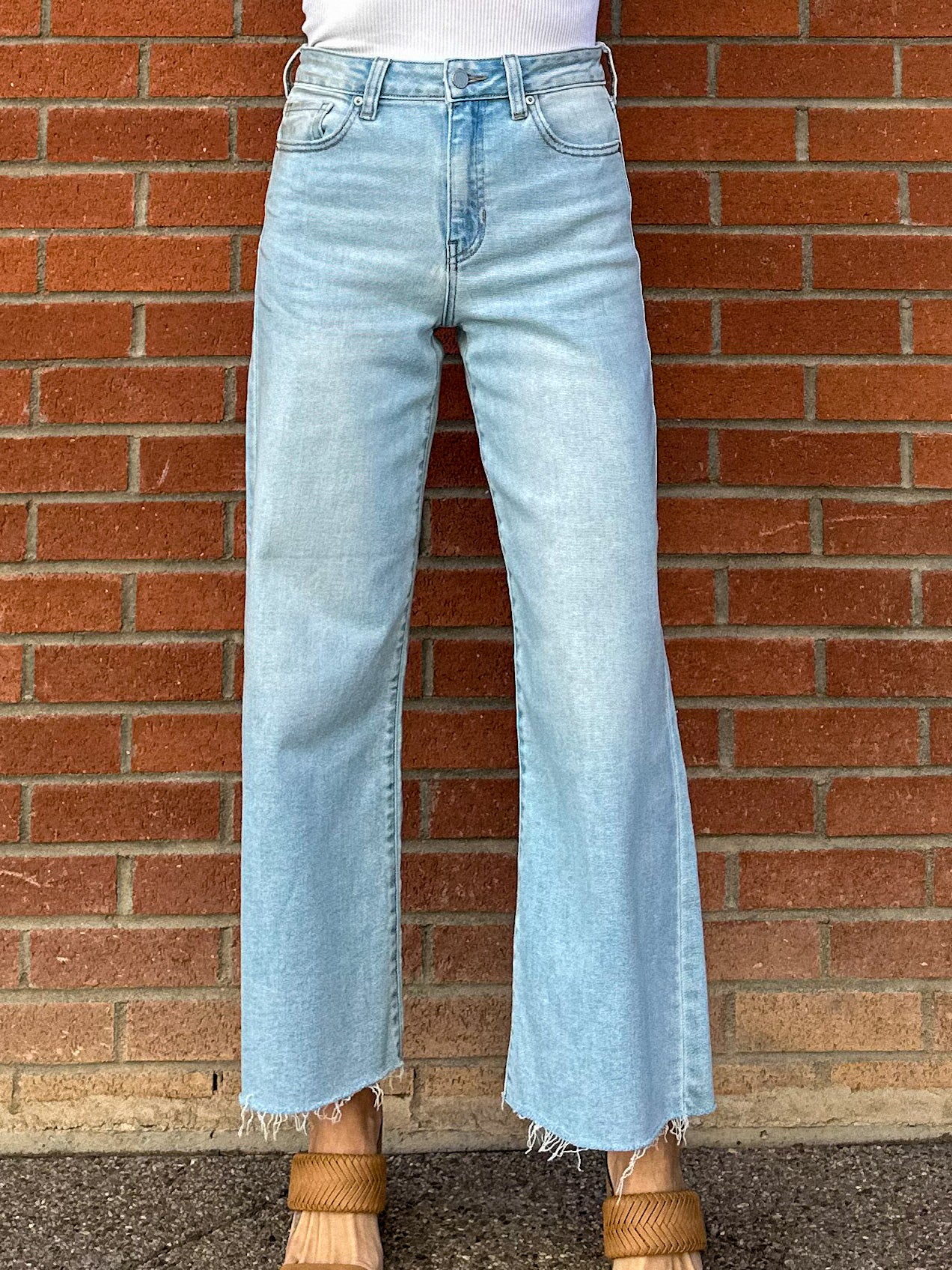 JBD just black denim slim wide leg jeans in a light wash denim with raw hem