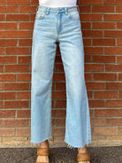 JBD just black denim slim wide leg jeans in a light wash denim with raw hem
