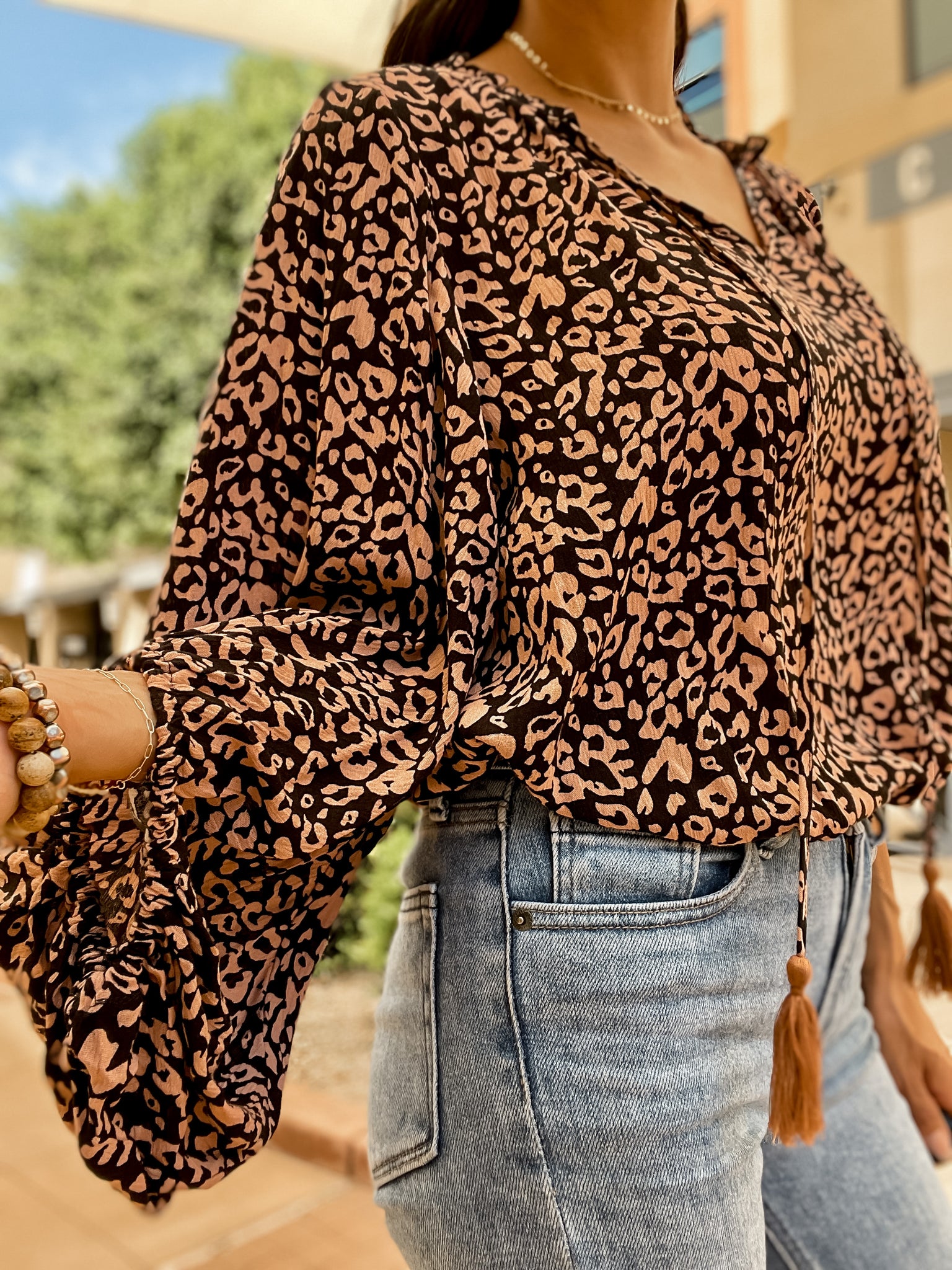 leopard flowy work blouse