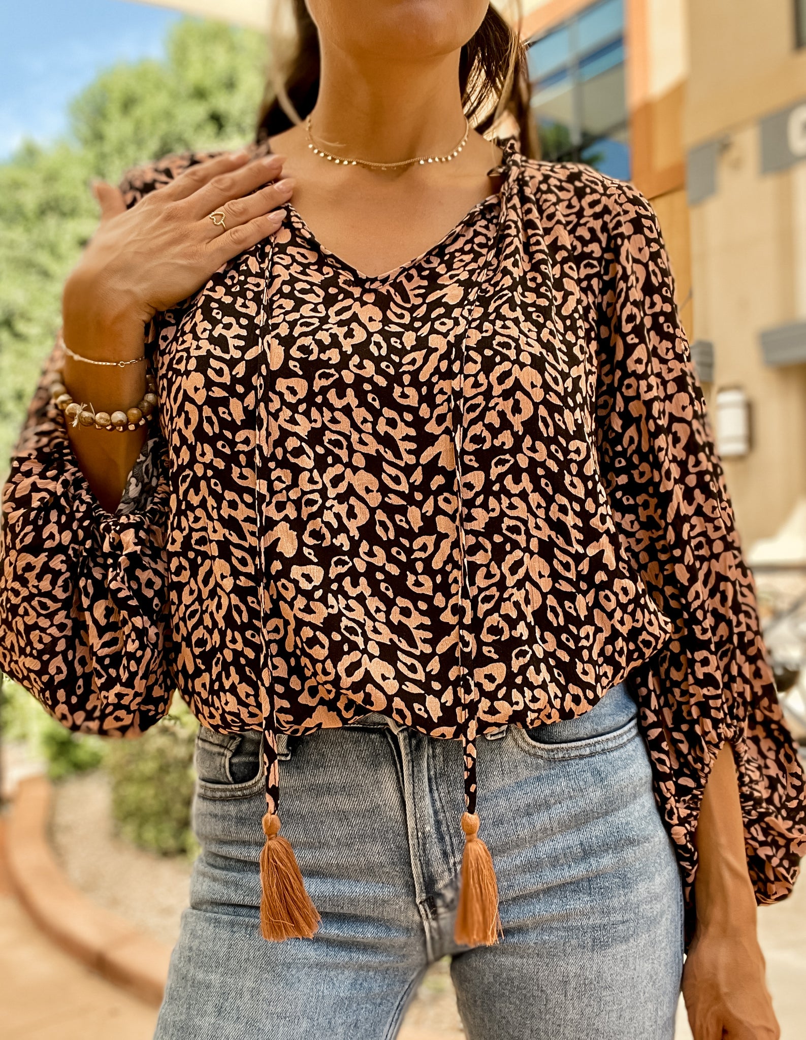 leopard flowy work blouse
