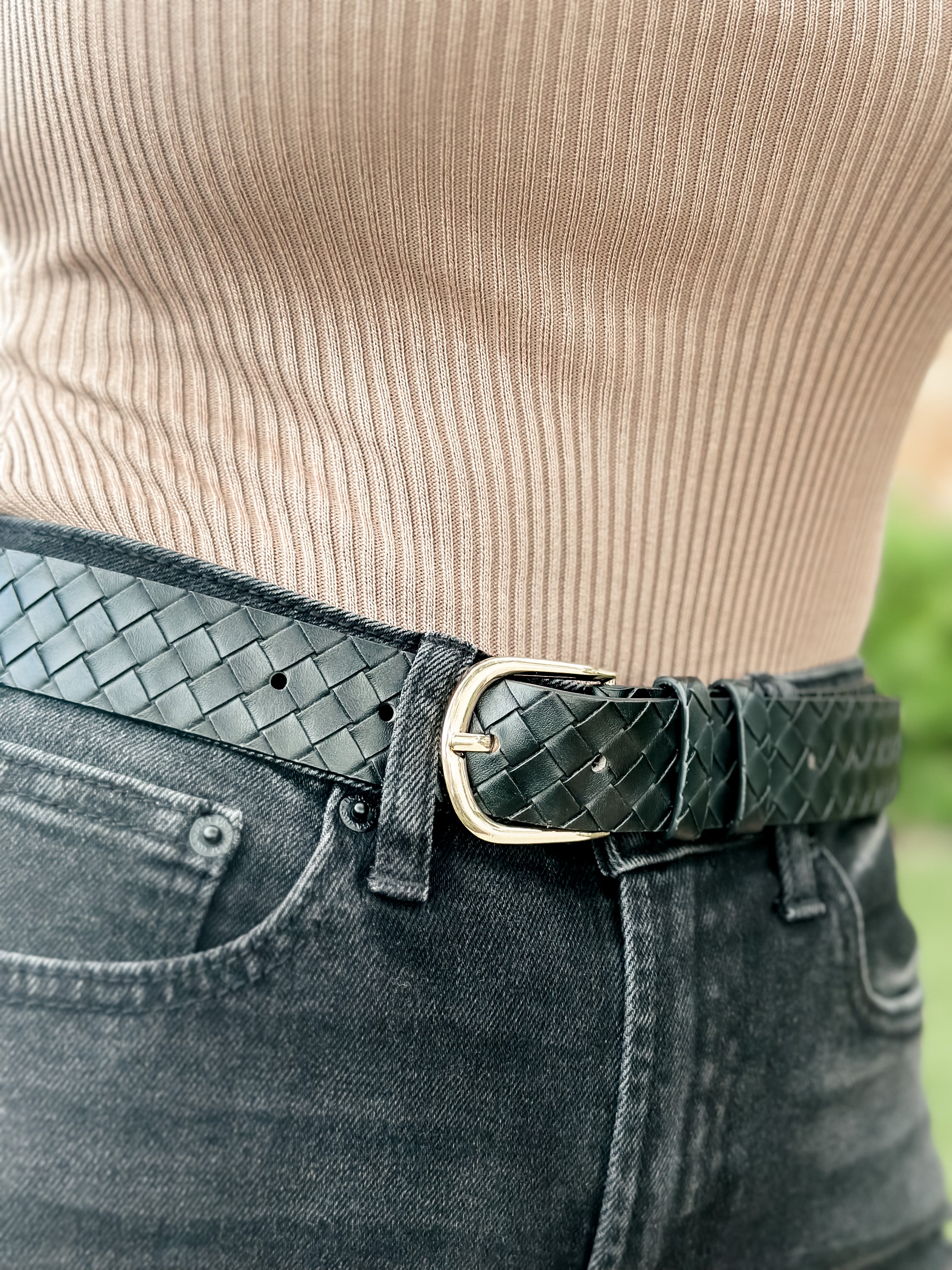 womens black leather woven belt