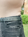womens black leather woven belt
