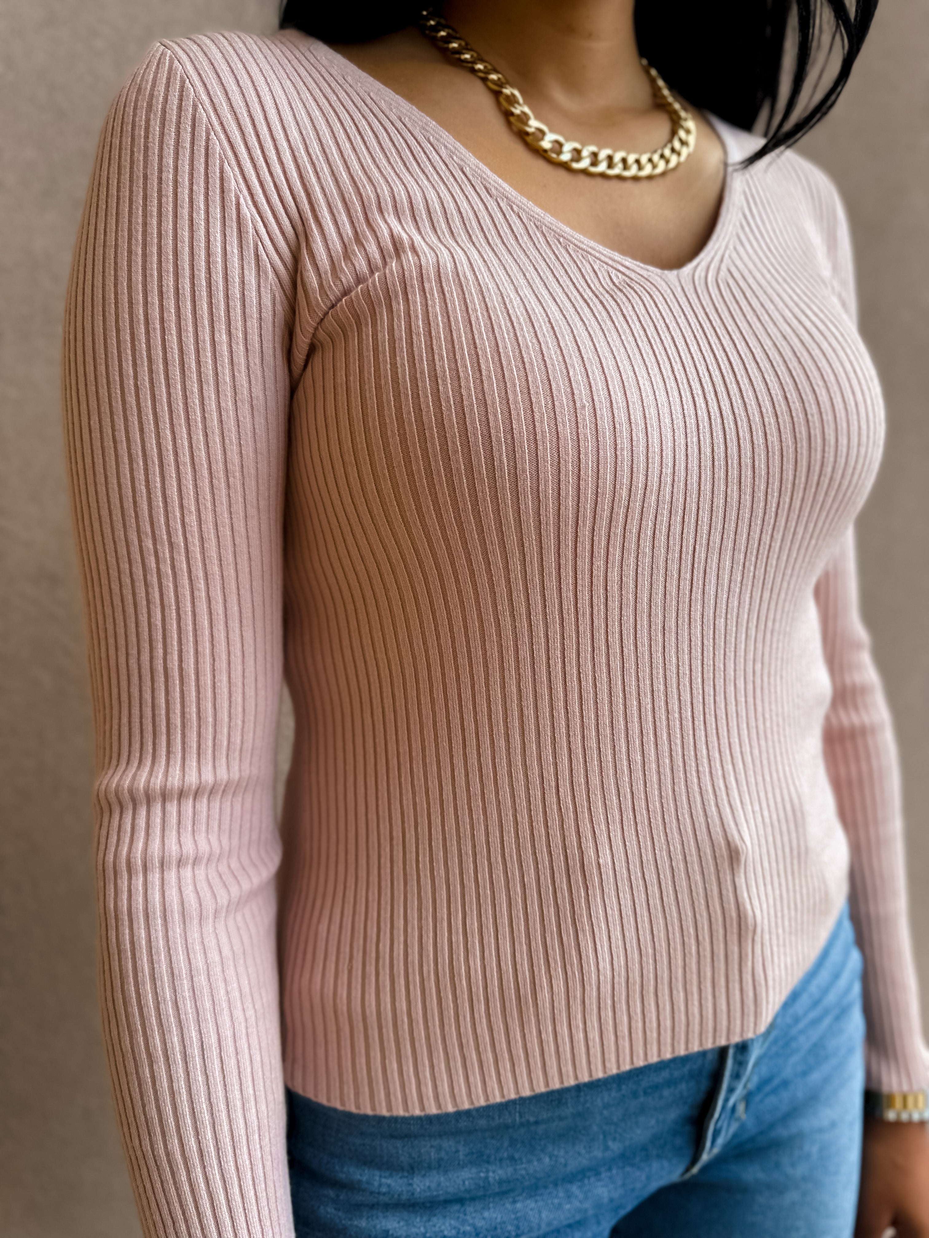 light dusty pink ribbed v-neck long sleeve top