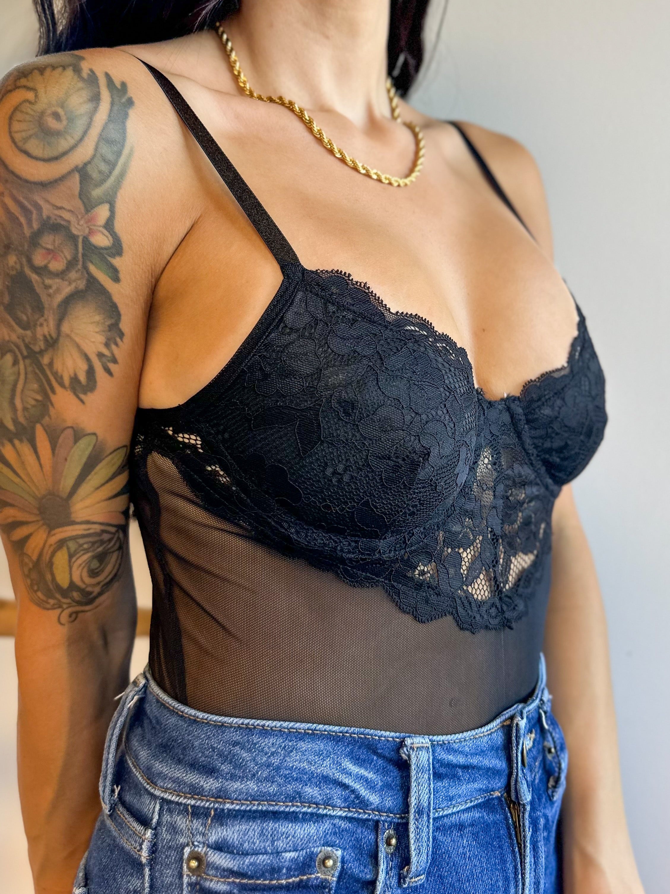 black mesh lace sexy bodysuit with adjustable straps