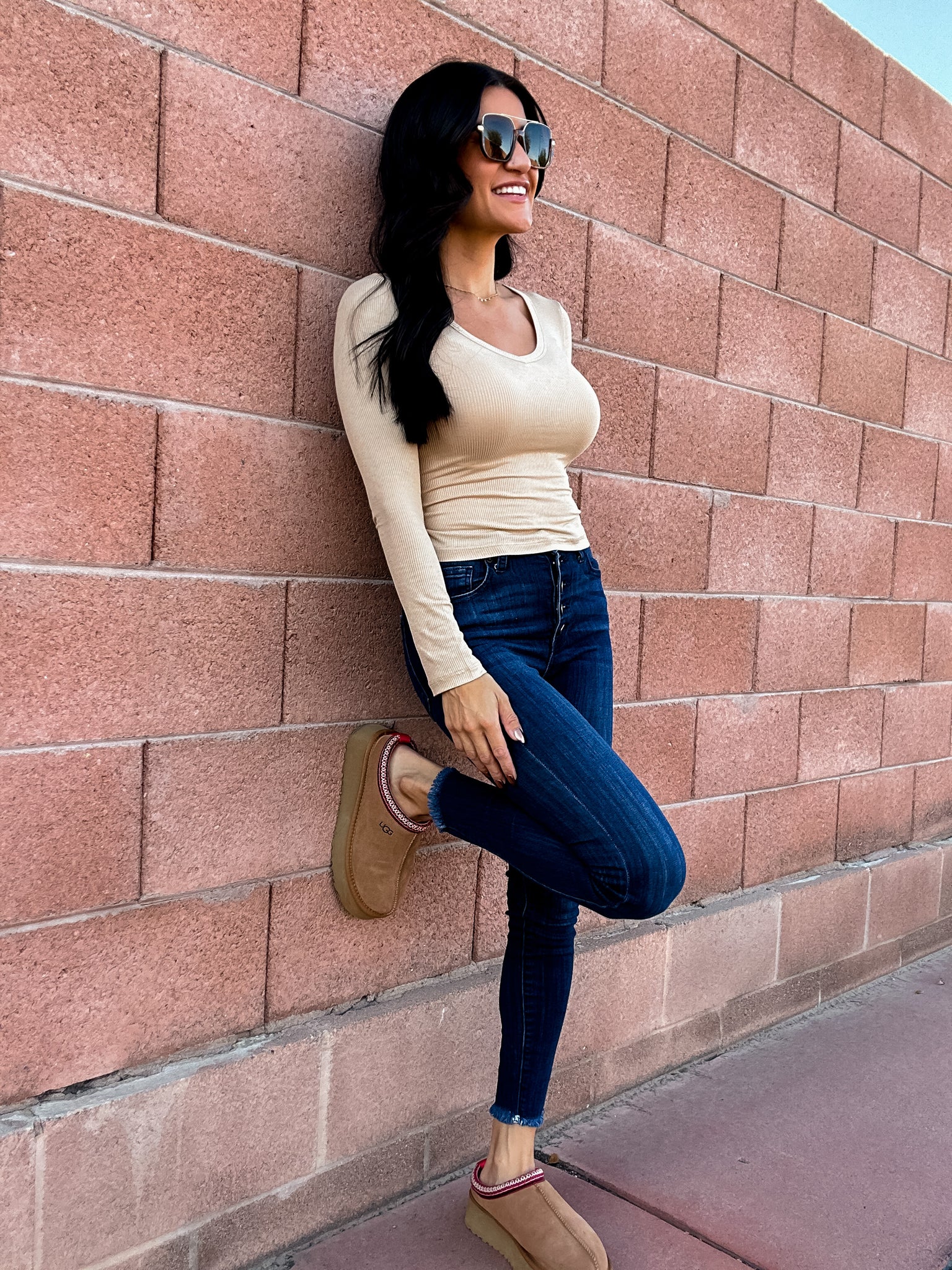 taupe tan basic ribbed v-neck long sleeve top