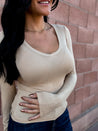 taupe tan basic ribbed v-neck long sleeve top