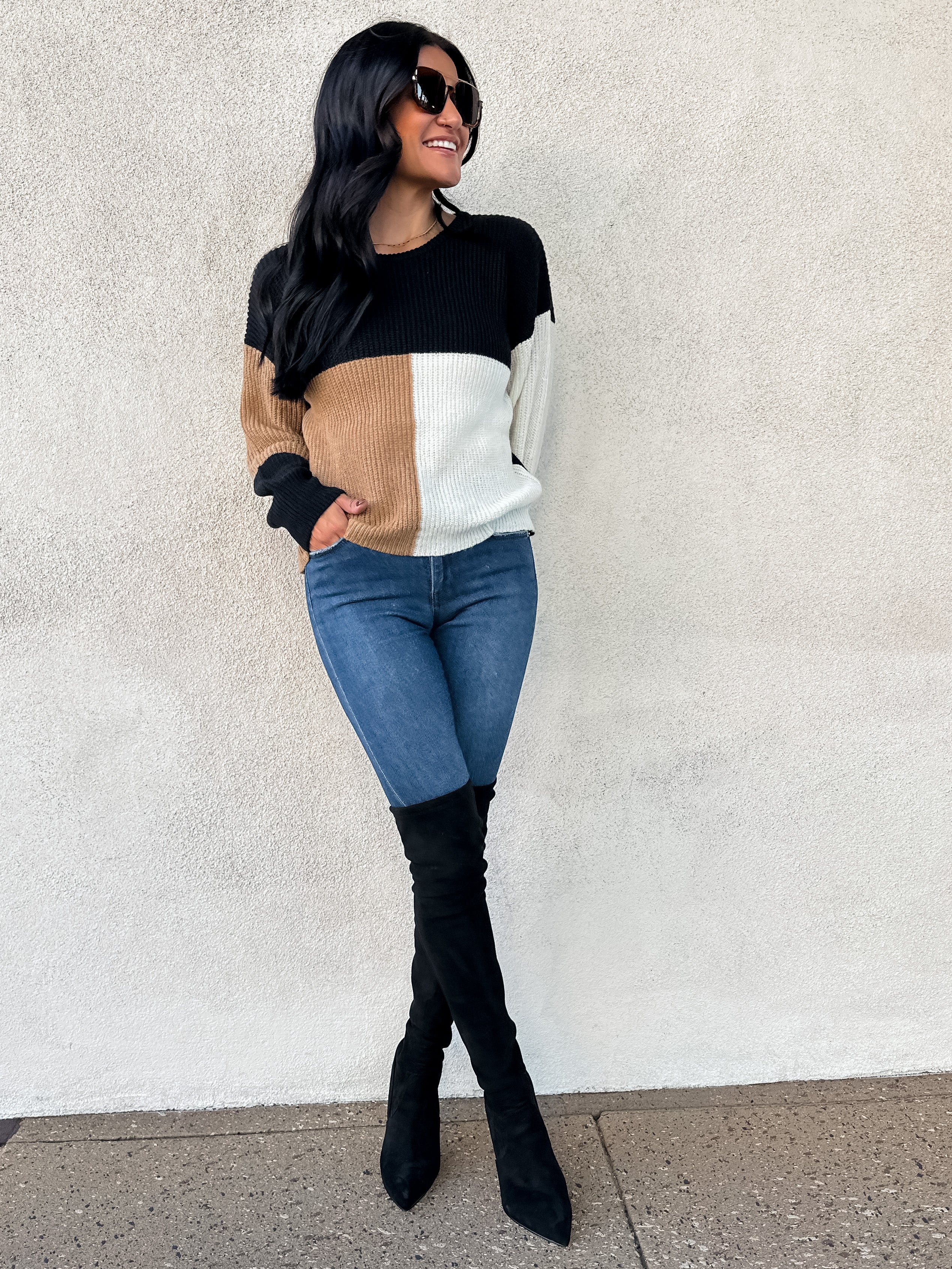 neutral color block sweater