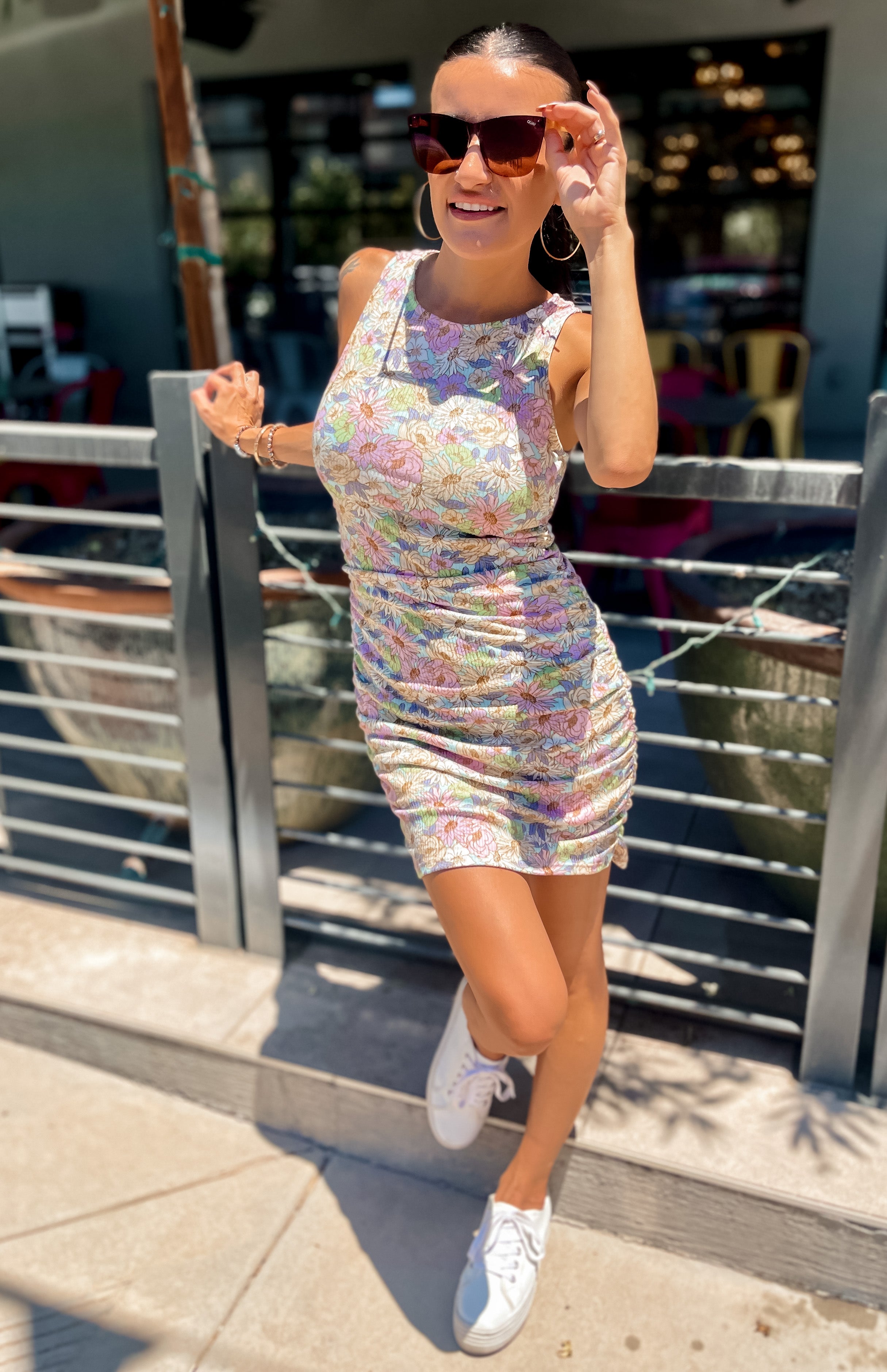 comfy pastel daisy floral ruched dress
