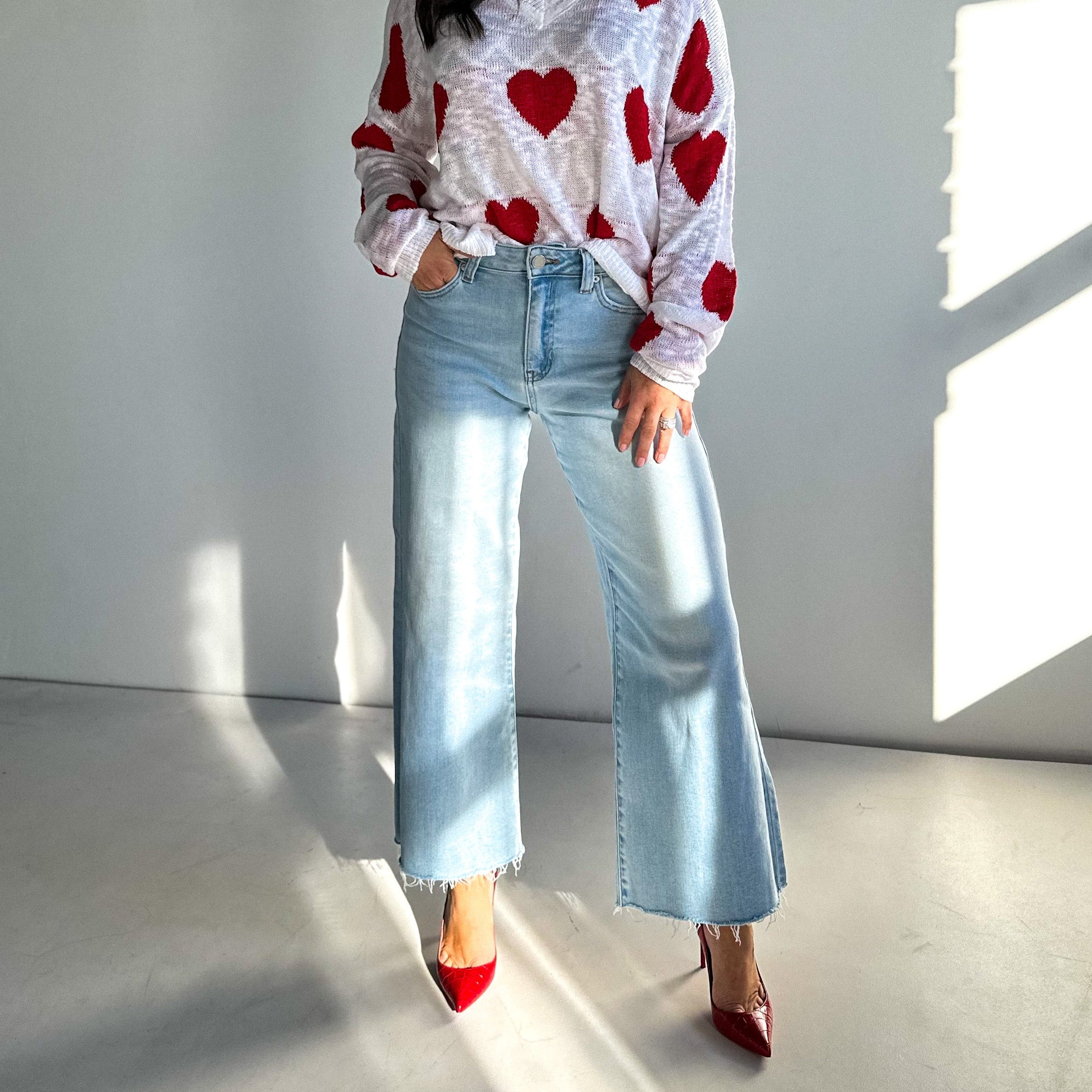 JBD just black denim slim wide leg jeans in a light wash denim with raw hem