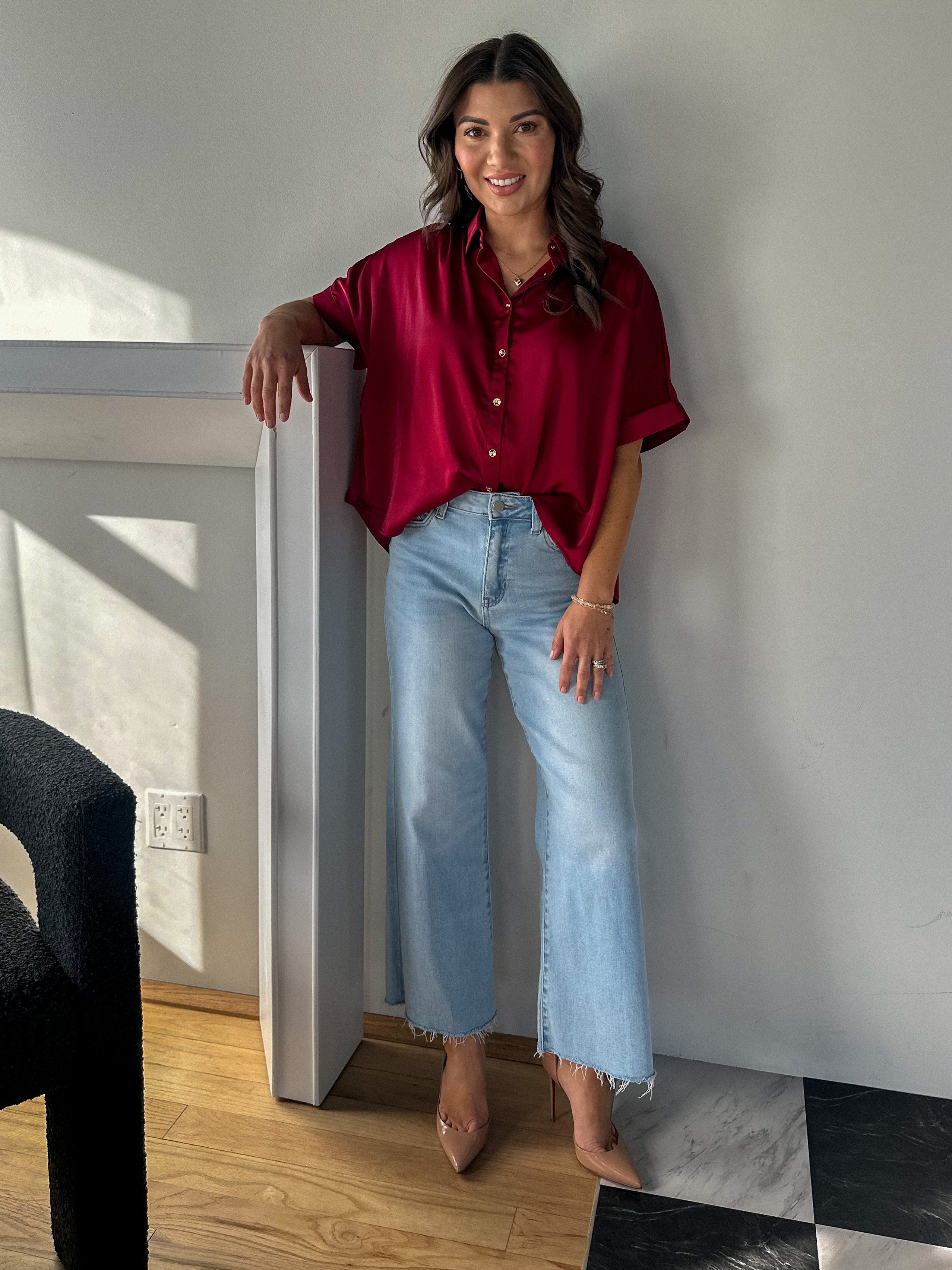 JBD just black denim slim wide leg jeans in a light wash denim with raw hem